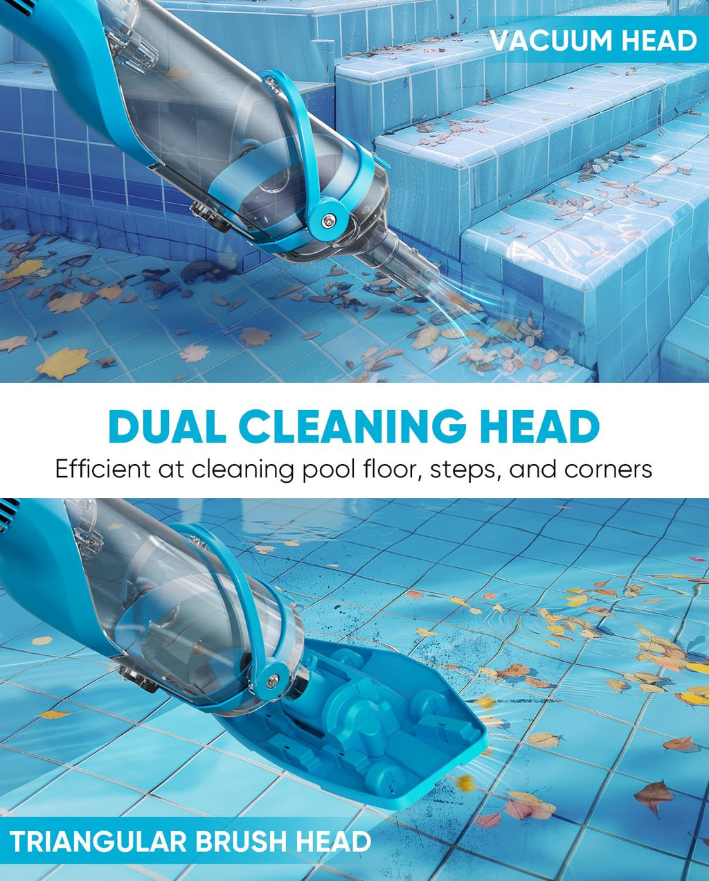 Cordless Pool Vacuum with Telescopic Pole, 18.5 GPM Powerful Suction, 1.5H Supercharge Technology, Handheld Pool Vacuum Cleaner for Above Ground/Inground Pools, Hot Tubs, Blue