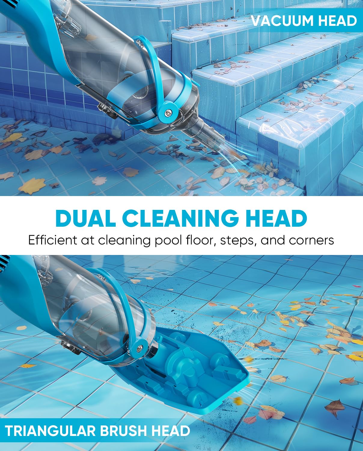 Cordless Pool Vacuum with Telescopic Pole, 18.5 GPM Powerful Suction, 1.5H Supercharge Technology, Handheld Pool Vacuum Cleaner for Above Ground/Inground Pools, Hot Tubs, Blue