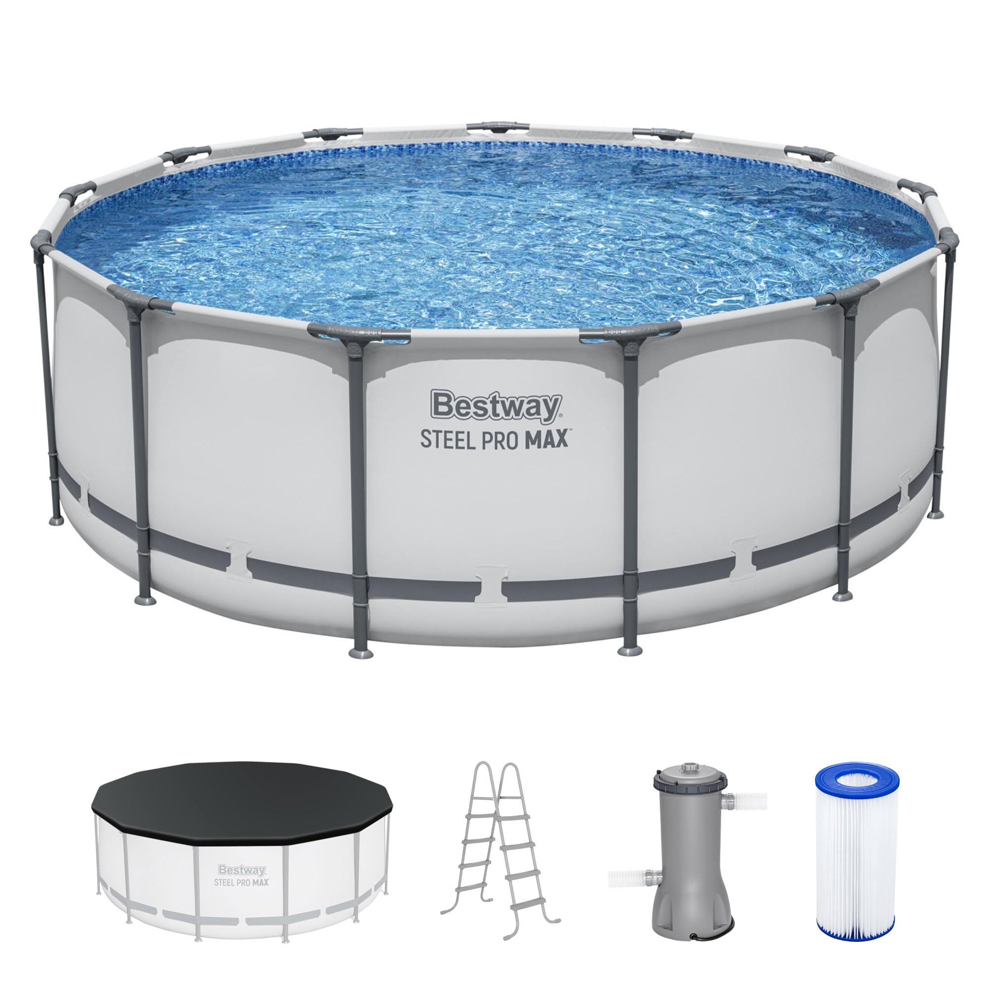 Bestway Steel Pro MAX 14' x 48" Above Ground Pool, Round Metal Frame Outdoor Swimming Pool Set with Filter Pump, Ladder, and Cover, Gray