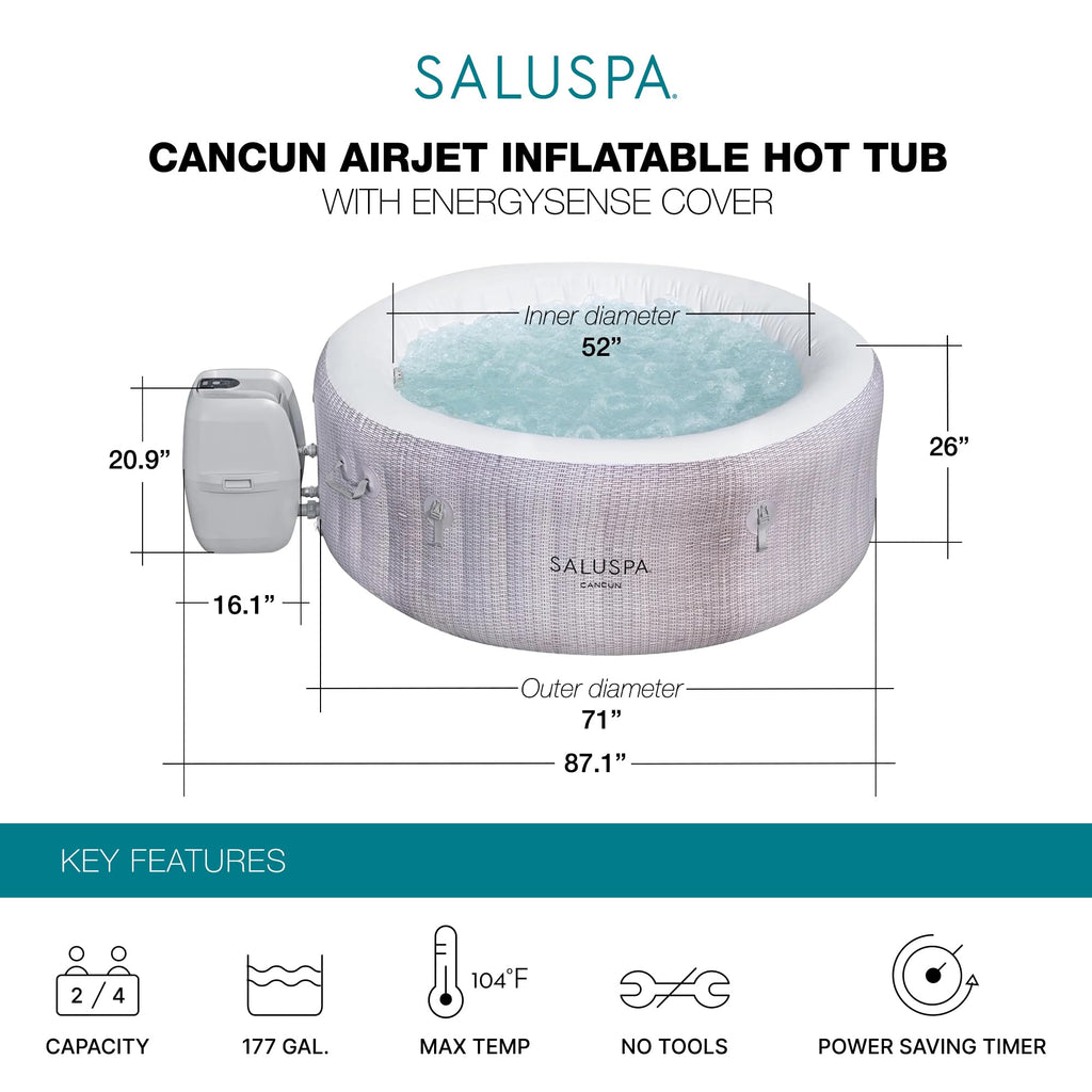 Bestway SaluSpa Cancun 2 to 4 Person Inflatable Hot Tub, Round Energy-Efficient Portable Outdoor Spa with 120 AirJets, 71" x 26"