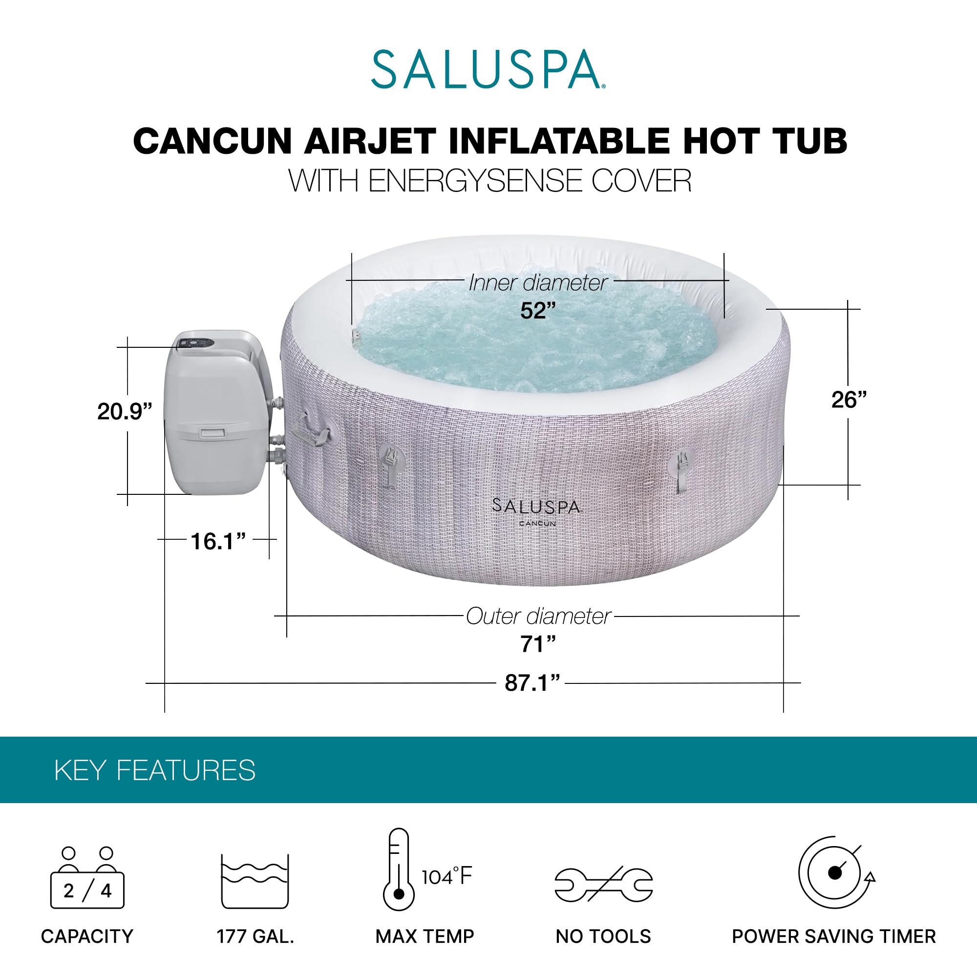 Bestway SaluSpa Cancun 2 to 4 Person Inflatable Hot Tub, Round Energy-Efficient Portable Outdoor Spa with 120 AirJets, 71" x 26"
