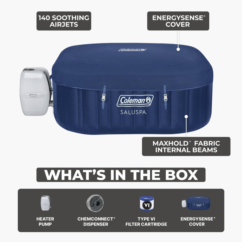 Coleman SaluSpa AirJet 4 to 6 Person Inflatable Hot Tub Square Portable Outdoor Spa with 140 Soothing AirJets and Insulated Cover, Gray