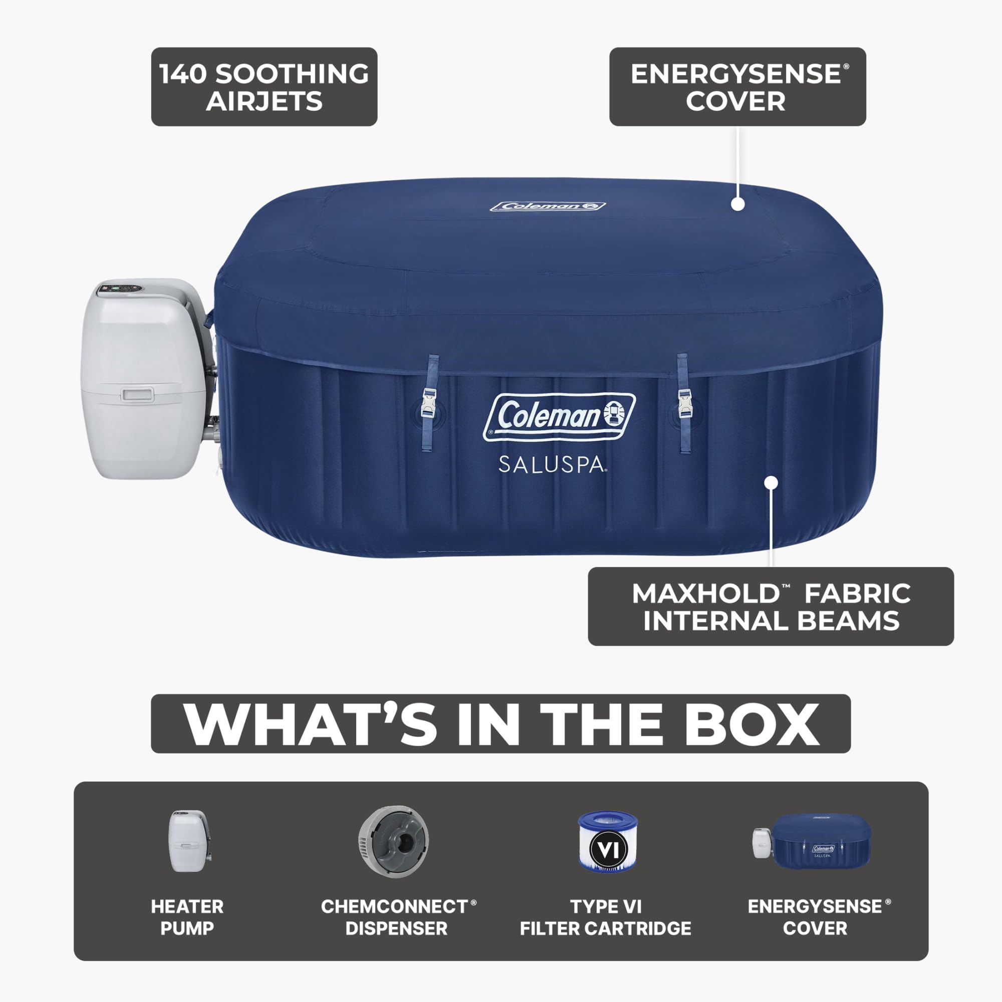 Coleman SaluSpa AirJet 4 to 6 Person Inflatable Hot Tub Square Portable Outdoor Spa with 140 Soothing AirJets and Insulated Cover, Gray