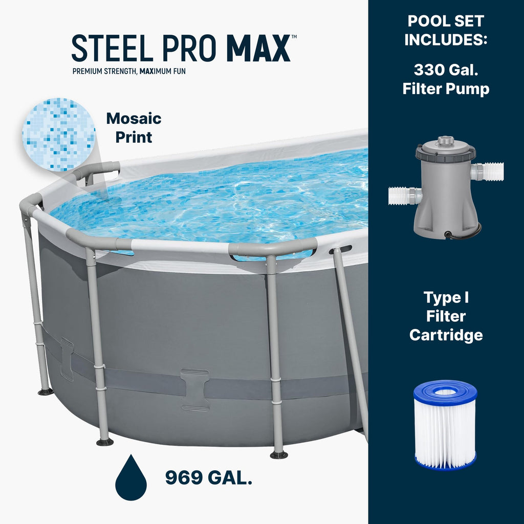 Bestway Steel Pro MAX 14' x 8'2" x 39.5" Oval Above Ground Swimming Pool Set, 530 GPH Filter Pump, Ladder, Tritech Puncture Resistant Liner, ClickConnect Steel Frame, Gray