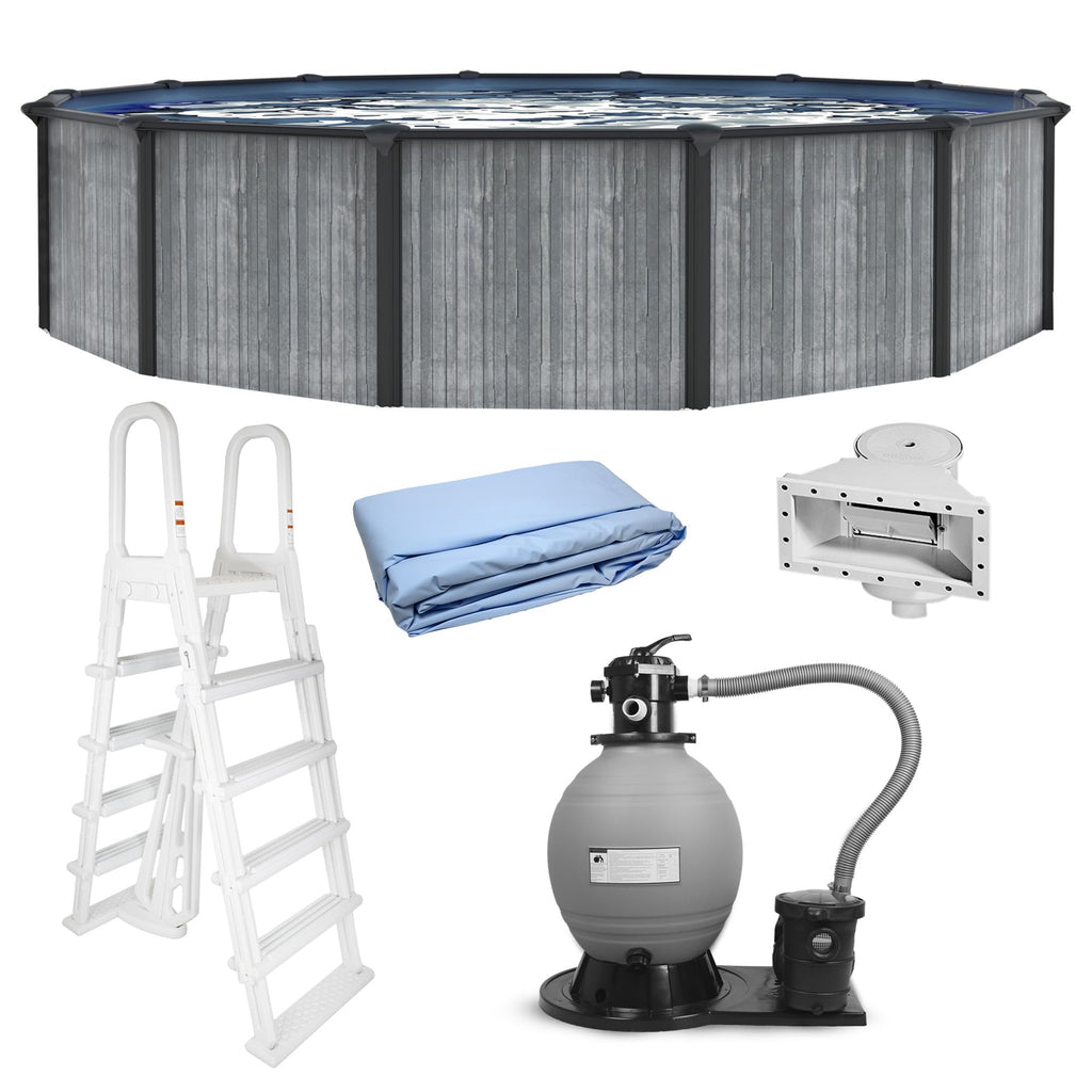 Blue Wave San Pedro 24-ft Round 52-in Deep Hard Sided Steel Frame Above Ground Pool with 6-in Steel Top Seats, Dual-Speed Sand Filter System, Ladder, Skimmer & Liner – 12,600 Gallon Cap for Family Use