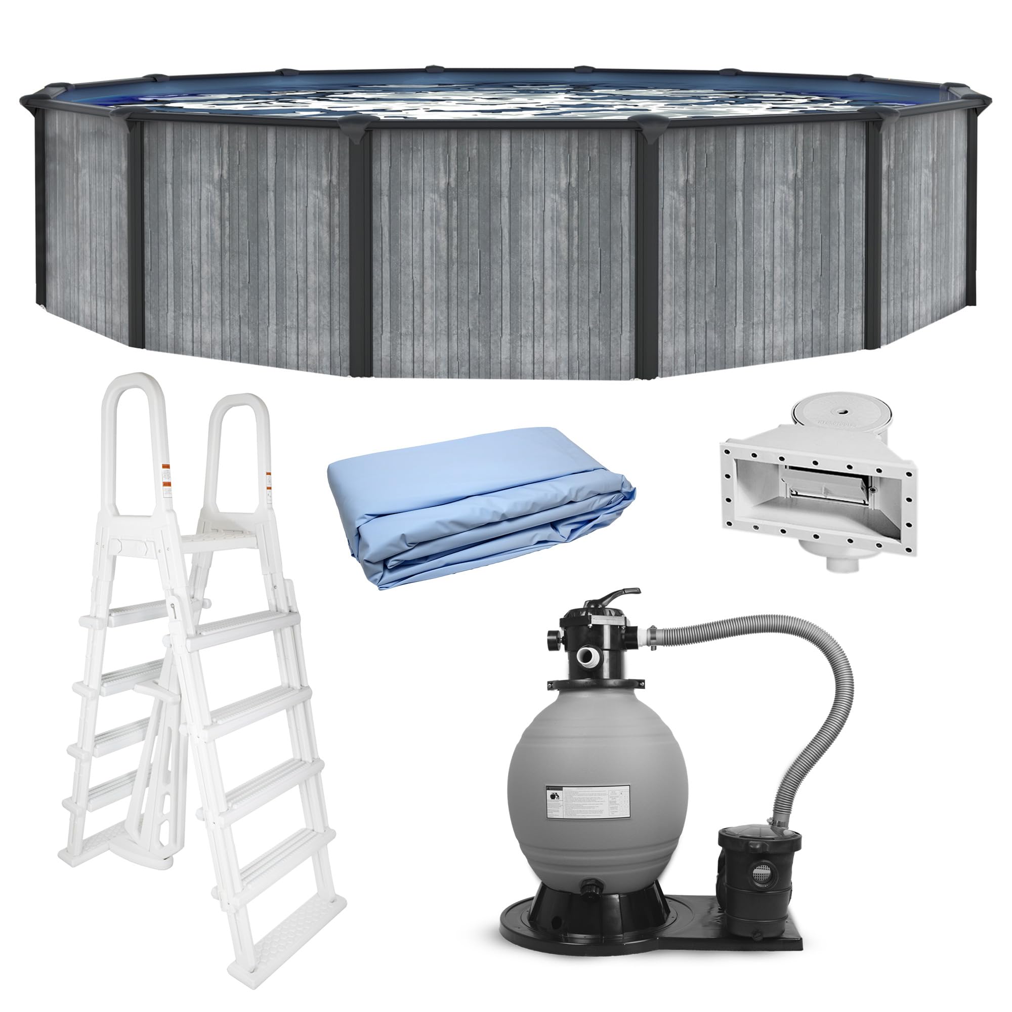 Blue Wave San Pedro 24-ft Round 52-in Deep Hard Sided Steel Frame Above Ground Pool with 6-in Steel Top Seats, Dual-Speed Sand Filter System, Ladder, Skimmer & Liner – 12,600 Gallon Cap for Family Use
