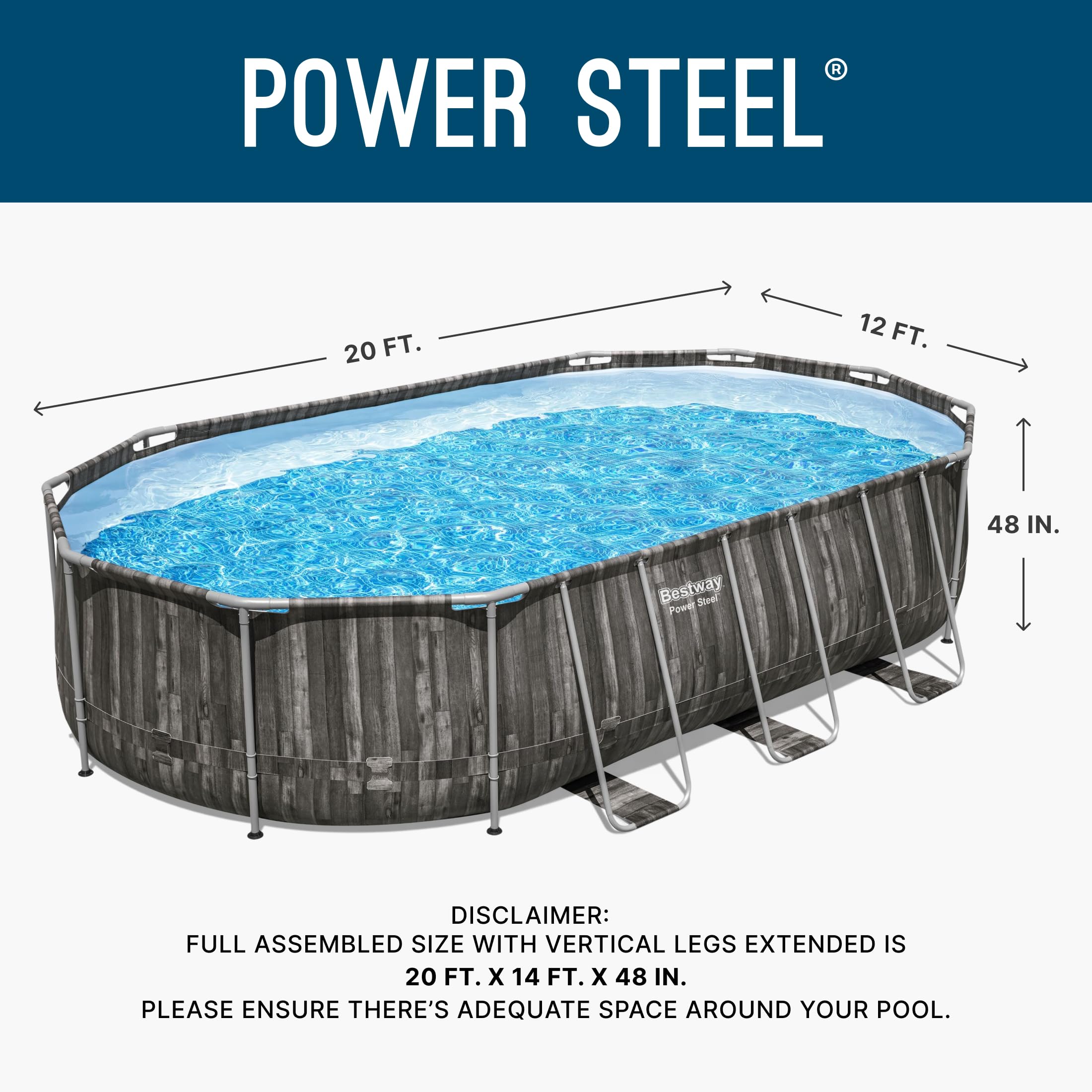 Bestway Power Steel 20’ x 12’ x 48” Above Ground Pool, Oval Metal Frame Outdoor Swimming Pool Set with Filter Pump, Ladder, and Cover