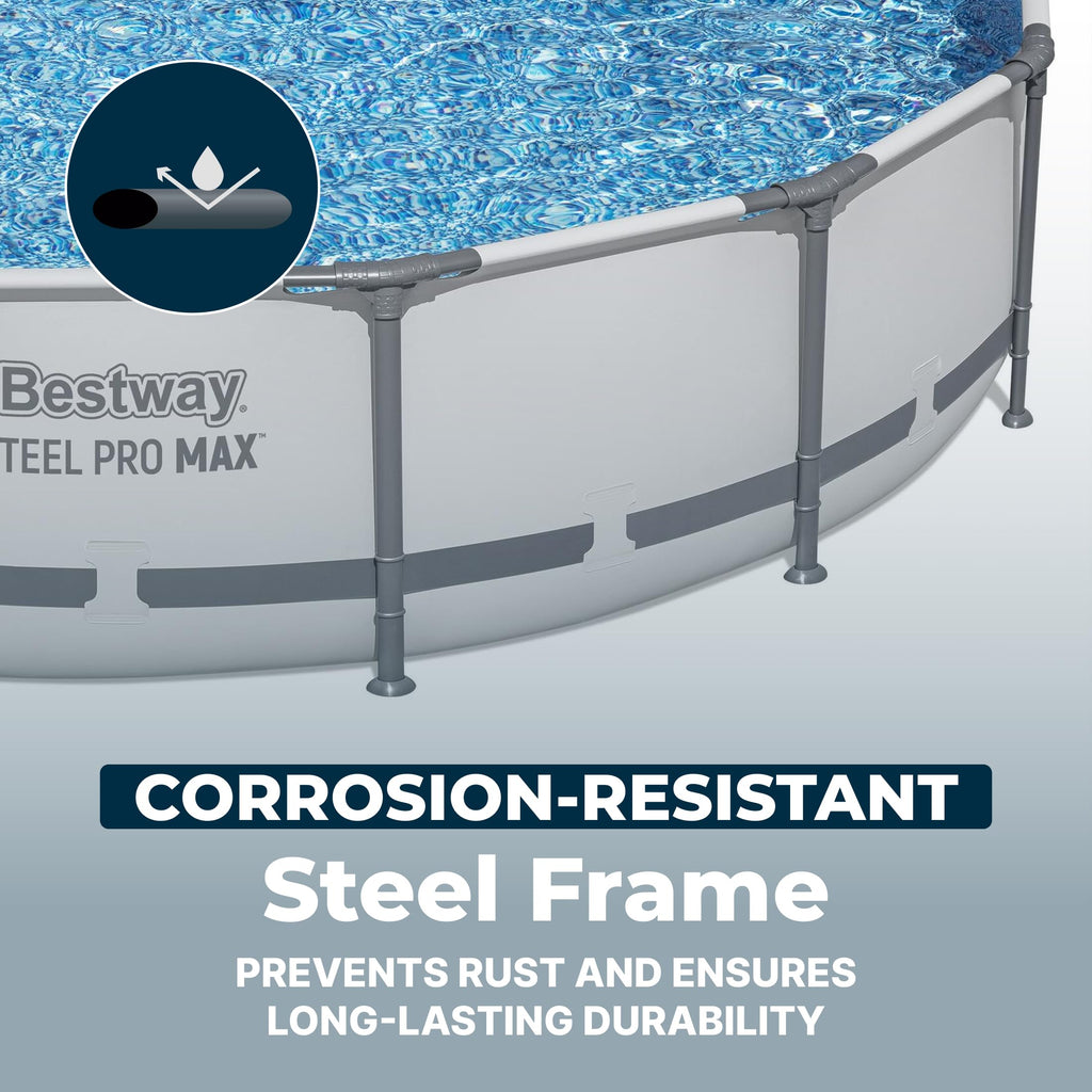Bestway Steel Pro MAX 14' x 33" Round Above Ground Swimming Pool Set, 530 GPH Filter Pump, Tritech Puncture Resistant Liner, ClickConnect Steel Frame, Gray