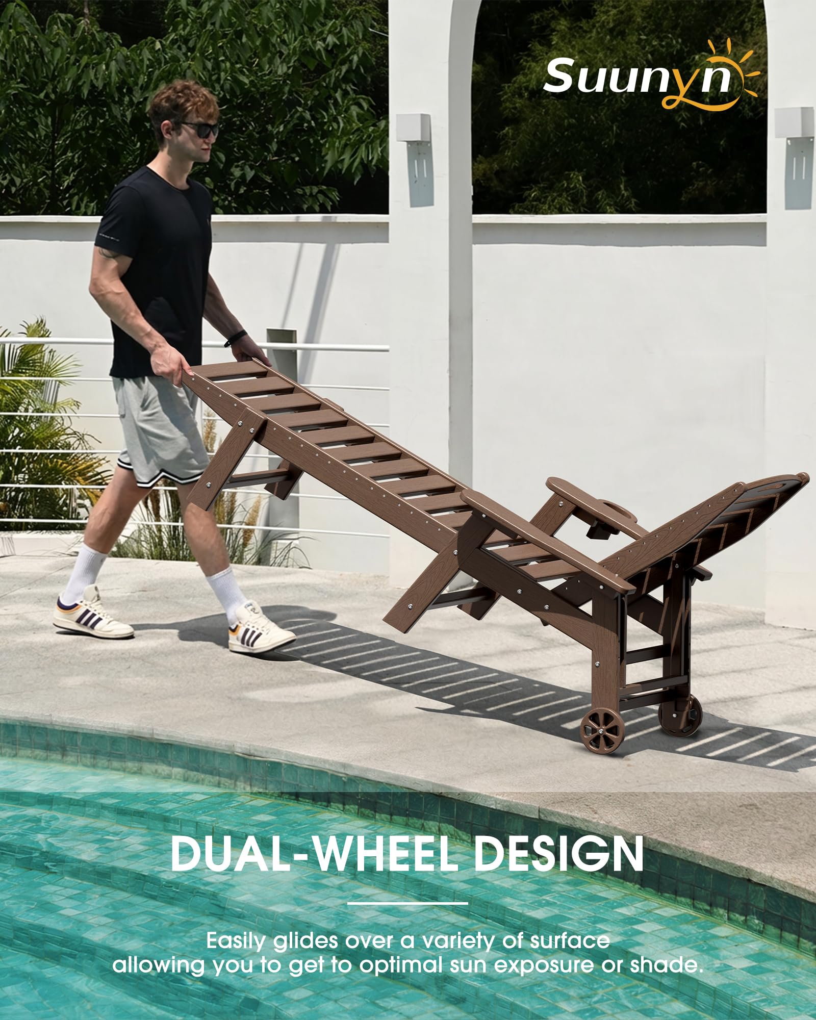 Lounge Chair Outdoor Set of 2, HDPE Chaise Lounge Outdoor, Pool Lounge Chair for Pool Poolside Deck Backyard Patio, Teak