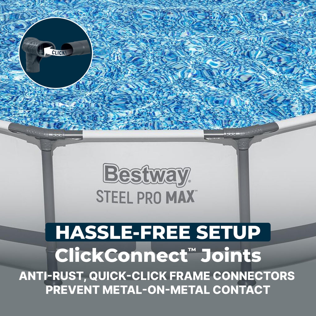 Bestway Steel Pro MAX 14' x 33" Round Above Ground Swimming Pool Set, 530 GPH Filter Pump, Tritech Puncture Resistant Liner, ClickConnect Steel Frame, Gray