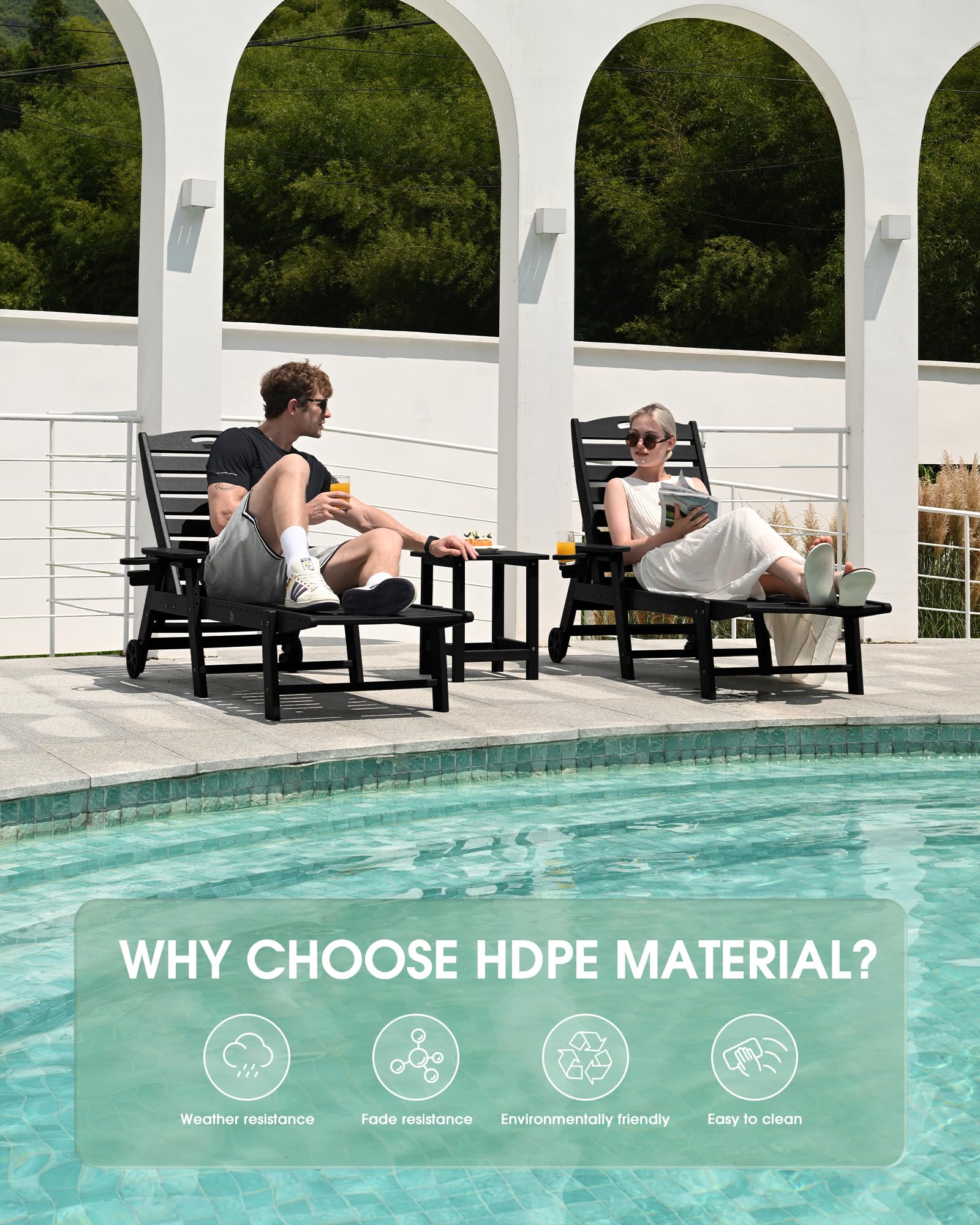 Lounge Chair Outdoor Set of 2, HDPE Chaise Lounge Outdoor, Pool Lounge Chair for Pool Poolside Deck Backyard Patio, Teak