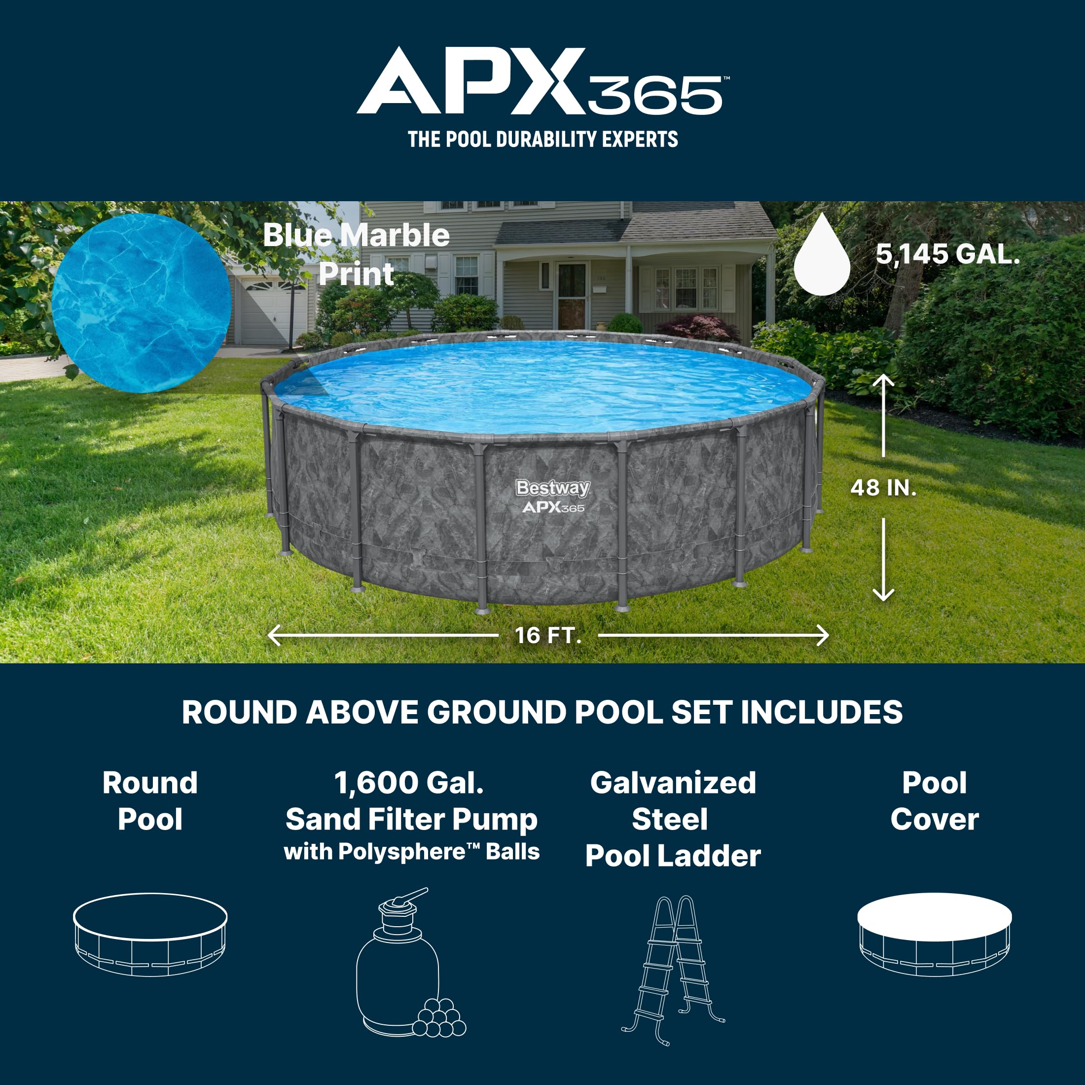 Bestway APX 365 18' x 52" Above Ground Pool, Round Metal Frame Outdoor Swimming Pool Set with Sand Filter Pump, Ladder, and Cover, Dark Marble