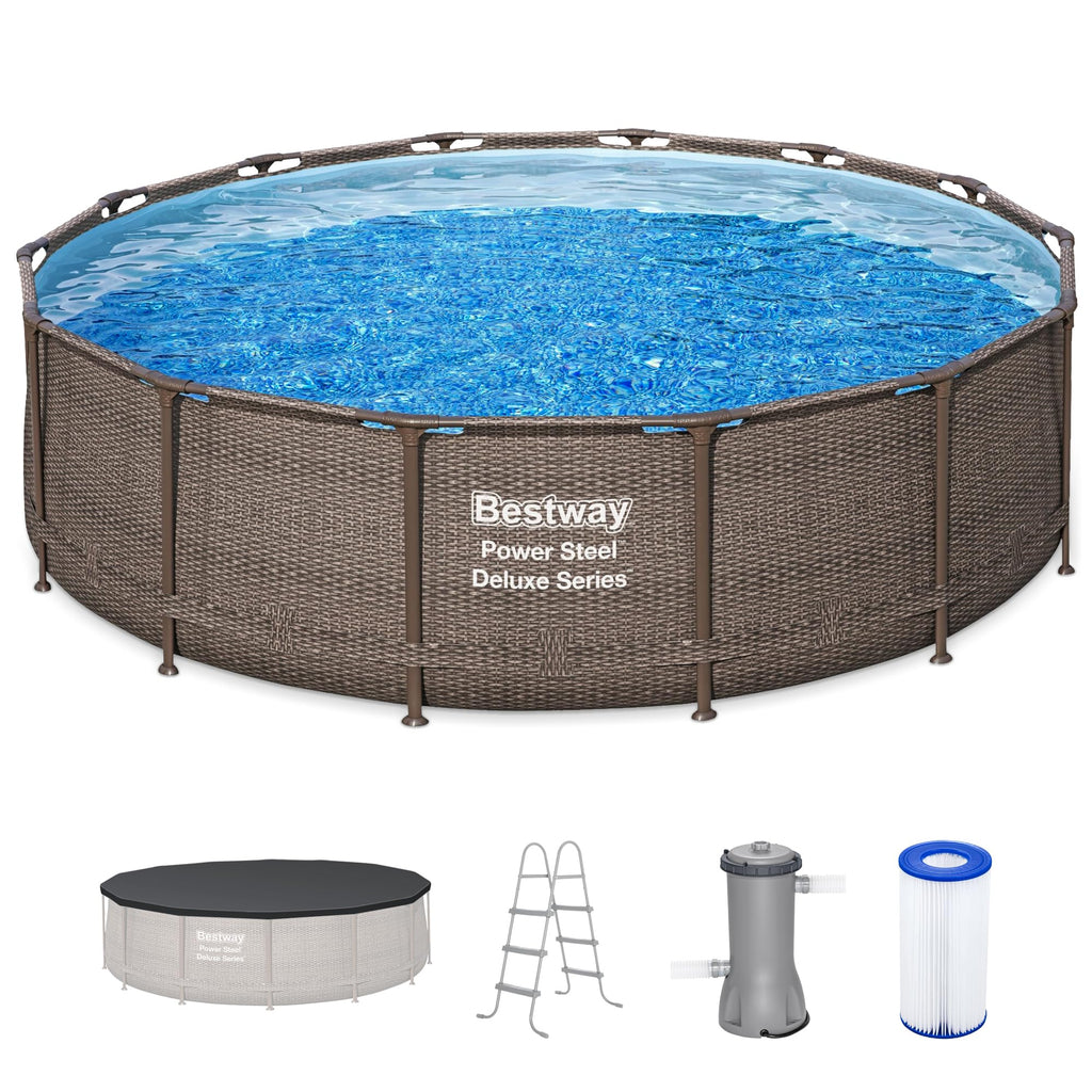 Bestway Power Steel 14’ x 42” Round Above Ground Outdoor Backyard Swimming Pool Set with 1,000 GPH Filter Pump, Ladder, and Pool Cover