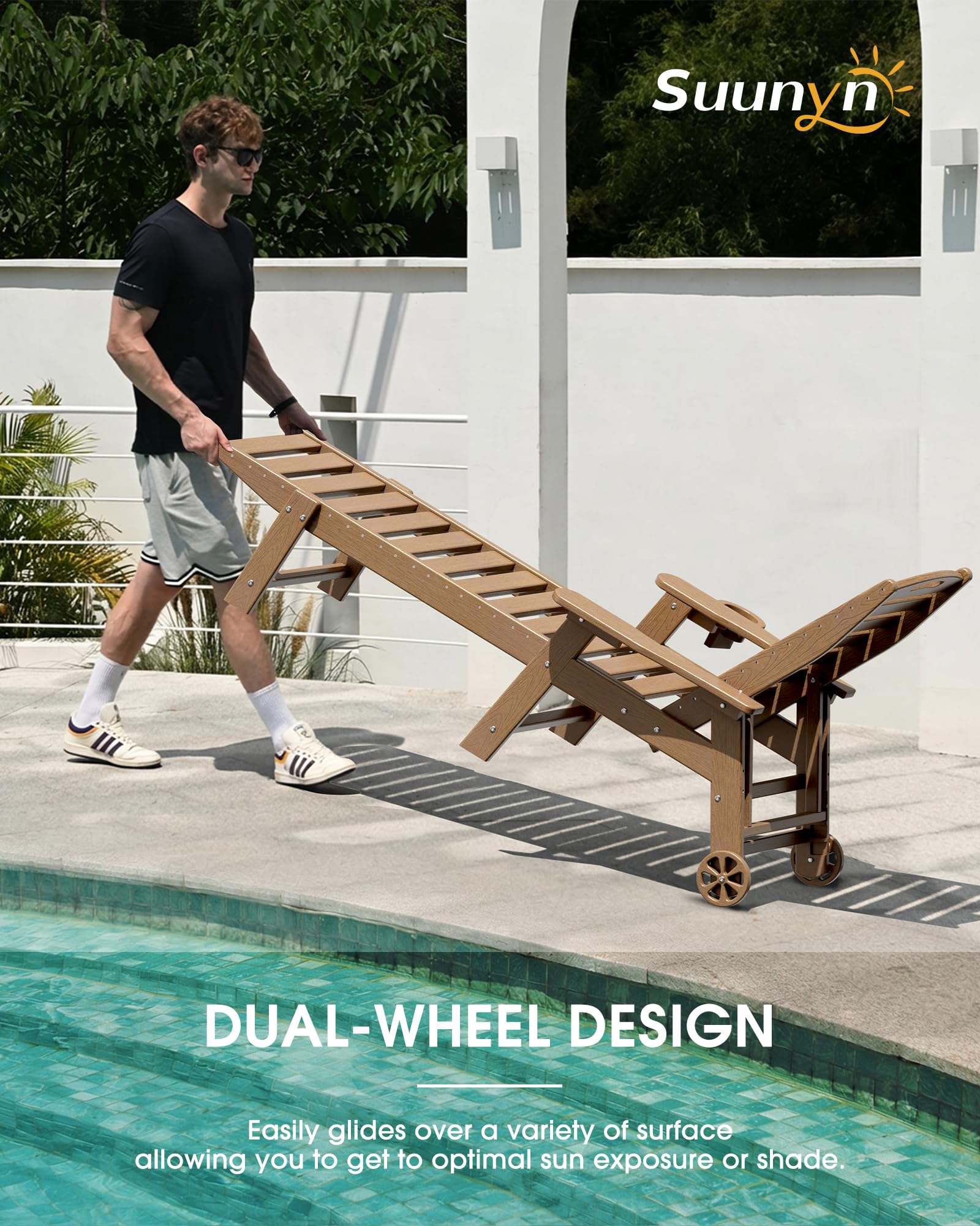 Lounge Chair Outdoor Set of 2, HDPE Chaise Lounge Outdoor, Pool Lounge Chair for Pool Poolside Deck Backyard Patio, Teak