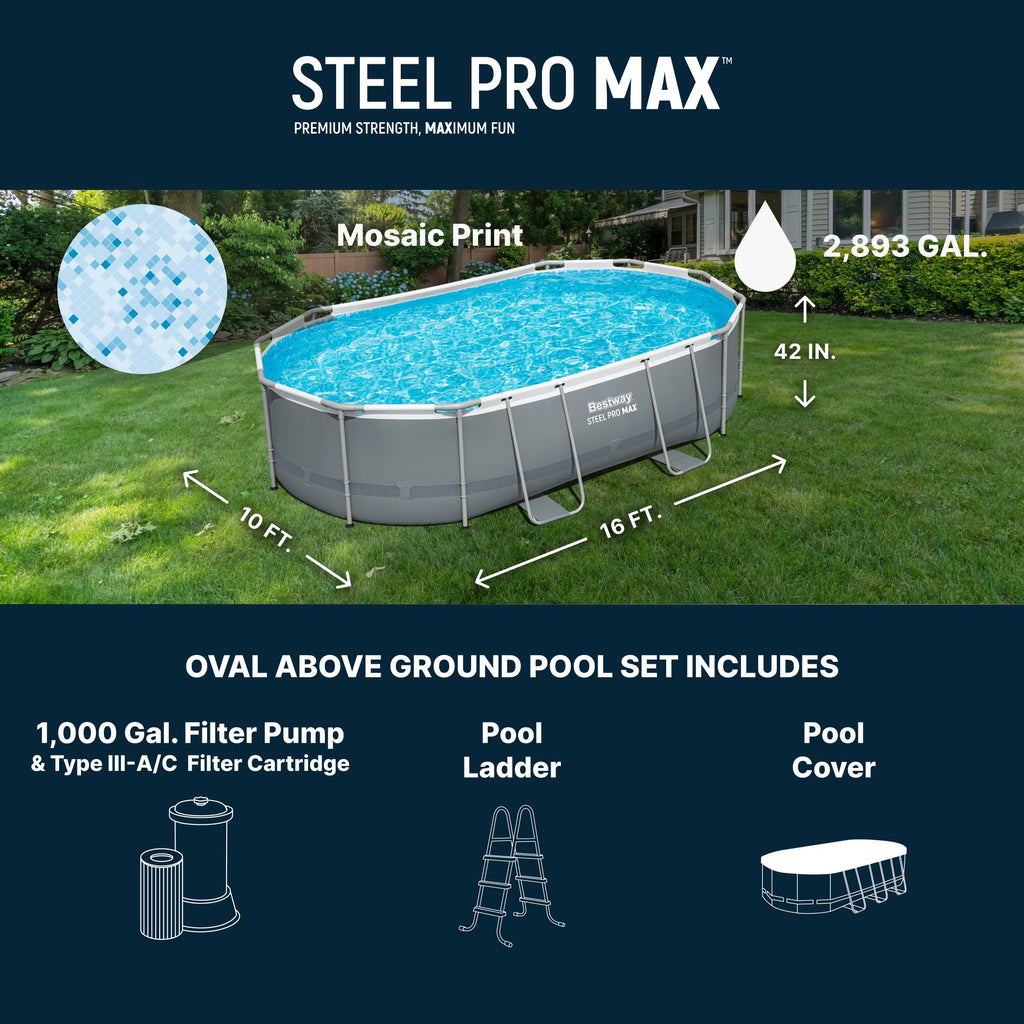 Bestway Power Steel 20’ x 12’ x 48” Above Ground Pool, Oval Metal Frame Outdoor Swimming Pool Set with Filter Pump, Ladder, and Cover