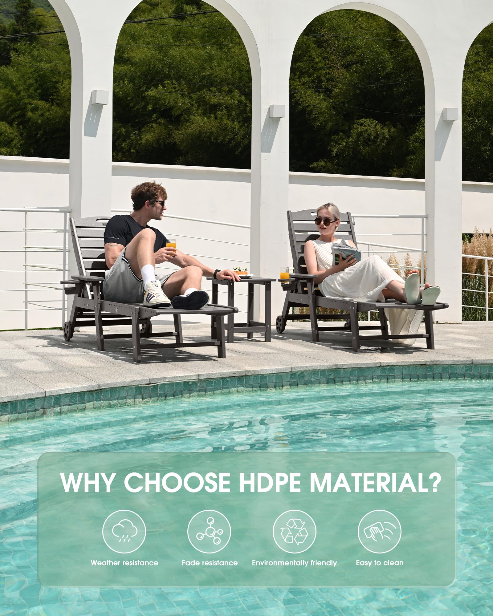 Lounge Chair Outdoor Set of 2, HDPE Chaise Lounge Outdoor, Pool Lounge Chair for Pool Poolside Deck Backyard Patio, Teak