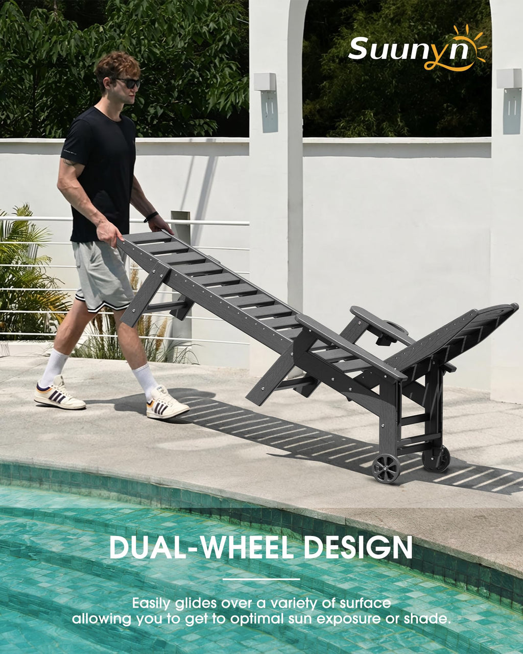 Lounge Chair Outdoor Set of 2, HDPE Chaise Lounge Outdoor, Pool Lounge Chair for Pool Poolside Deck Backyard Patio, Teak