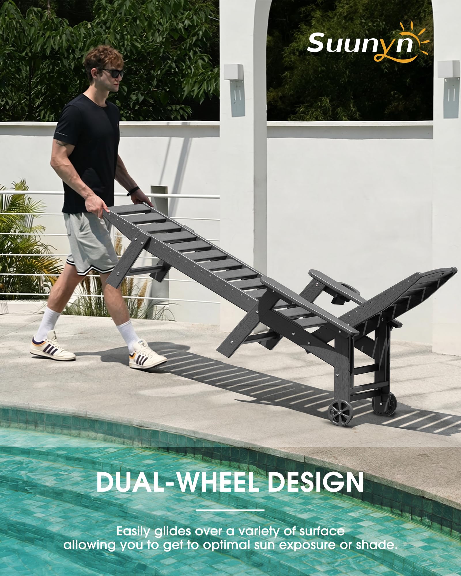 Lounge Chair Outdoor Set of 2, HDPE Chaise Lounge Outdoor, Pool Lounge Chair for Pool Poolside Deck Backyard Patio, Teak