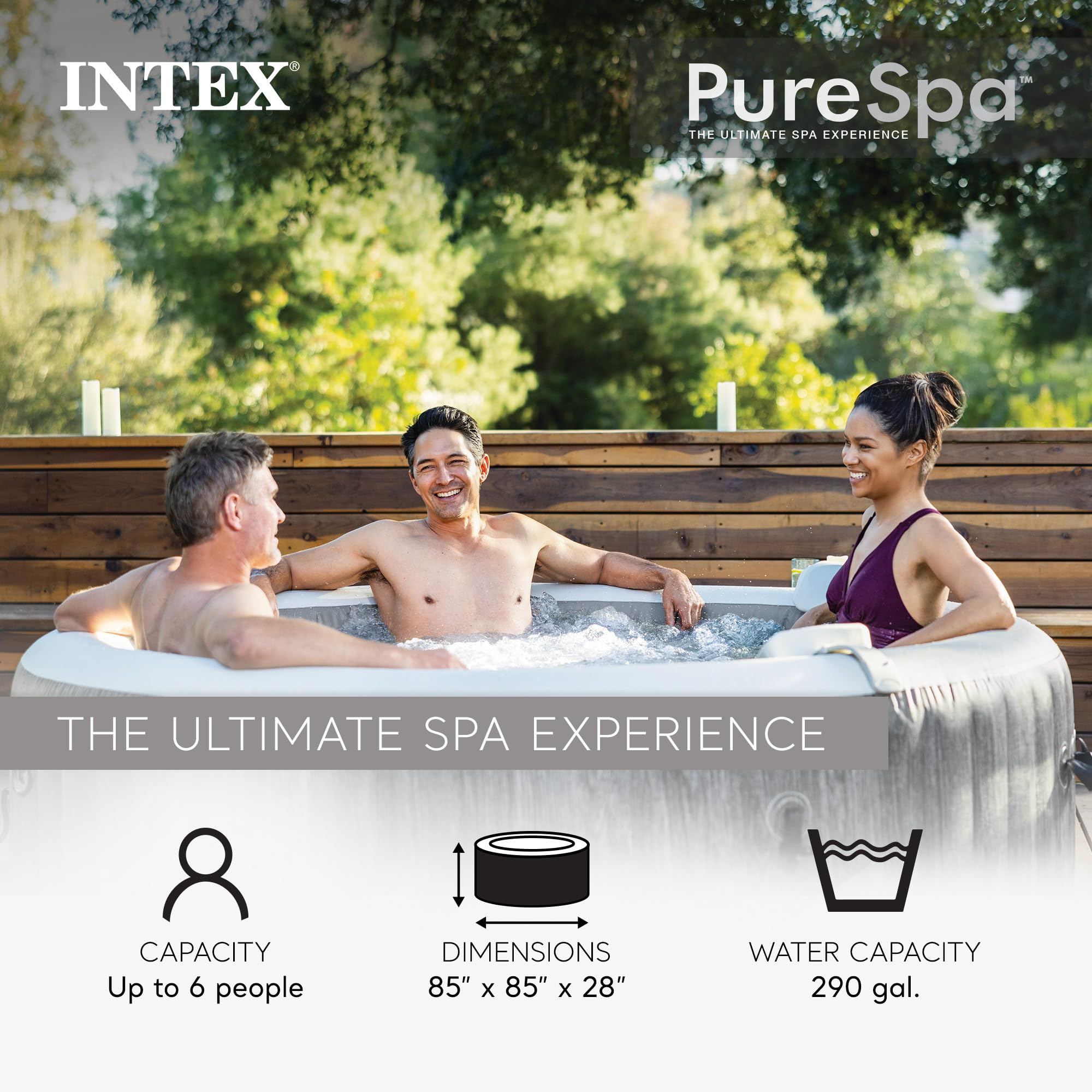 INTEX 28439EH PureSpa Greywood Deluxe Spa Set: Includes Energy Efficient Spa Cover - 140 Bubble Jets - Round Design - 4 Person Capacity - 77" x 28"