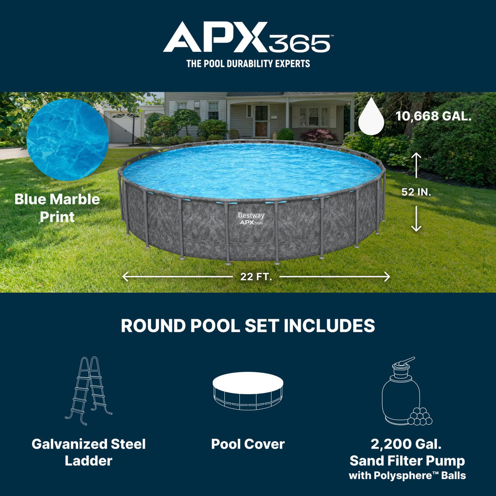 Bestway APX 365 18' x 52" Above Ground Pool, Round Metal Frame Outdoor Swimming Pool Set with Sand Filter Pump, Ladder, and Cover, Dark Marble