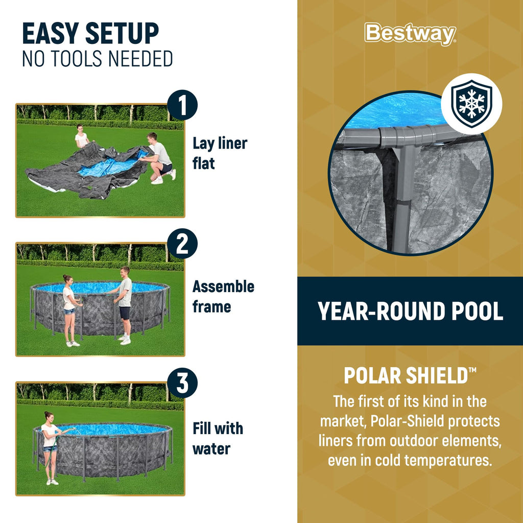 Bestway APX 365 18' x 52" Above Ground Pool, Round Metal Frame Outdoor Swimming Pool Set with Sand Filter Pump, Ladder, and Cover, Dark Marble