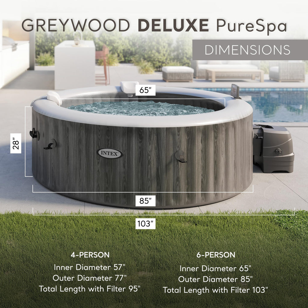 INTEX 28439EH PureSpa Greywood Deluxe Spa Set: Includes Energy Efficient Spa Cover - 140 Bubble Jets - Round Design - 4 Person Capacity - 77" x 28"