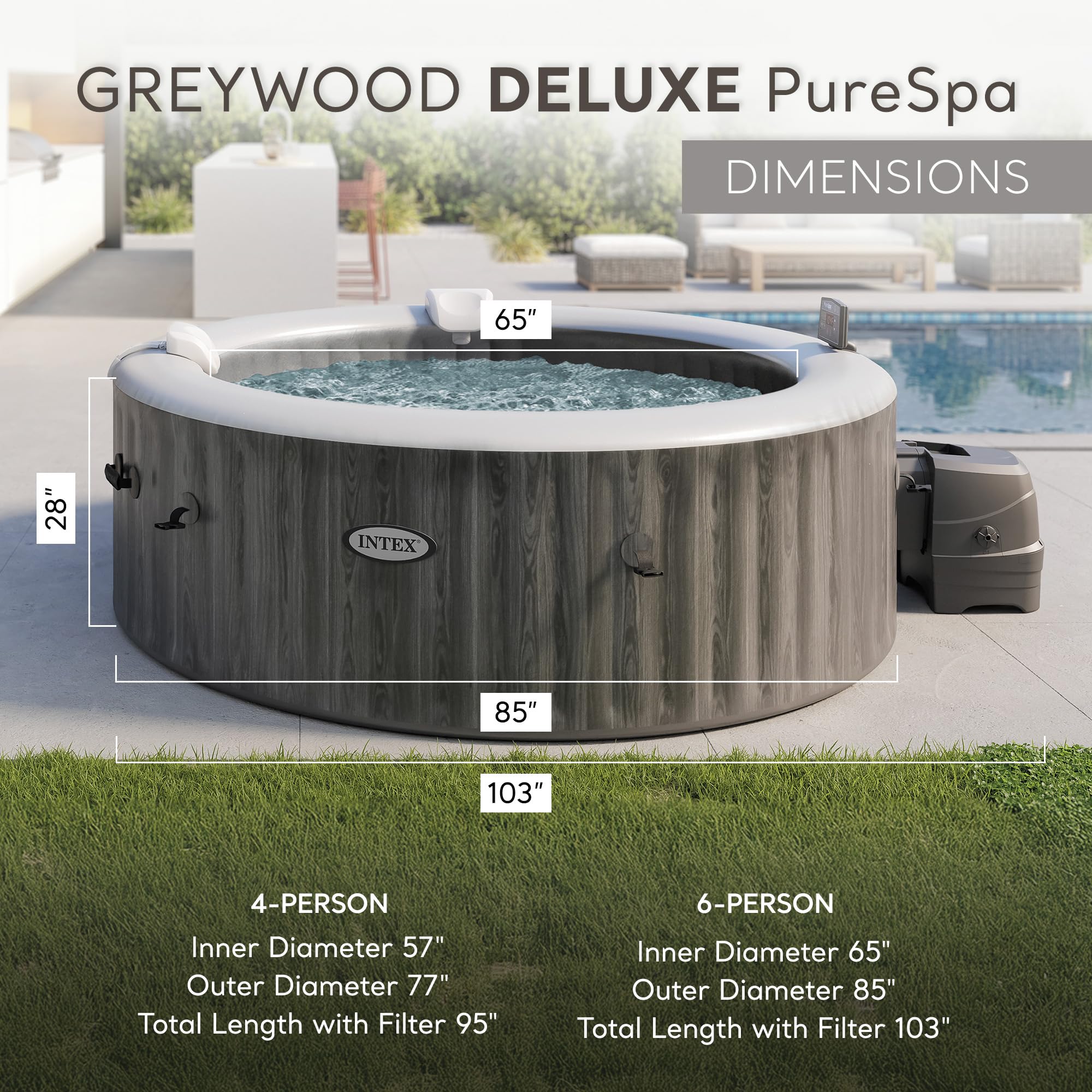 INTEX 28439EH PureSpa Greywood Deluxe Spa Set: Includes Energy Efficient Spa Cover - 140 Bubble Jets - Round Design - 4 Person Capacity - 77" x 28"