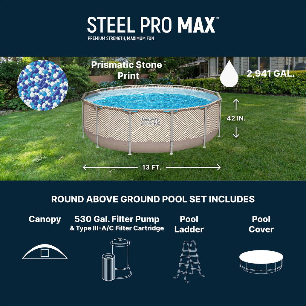 Bestway Power Steel 14’ x 42” Round Above Ground Outdoor Backyard Swimming Pool Set with 1,000 GPH Filter Pump, Ladder, and Pool Cover