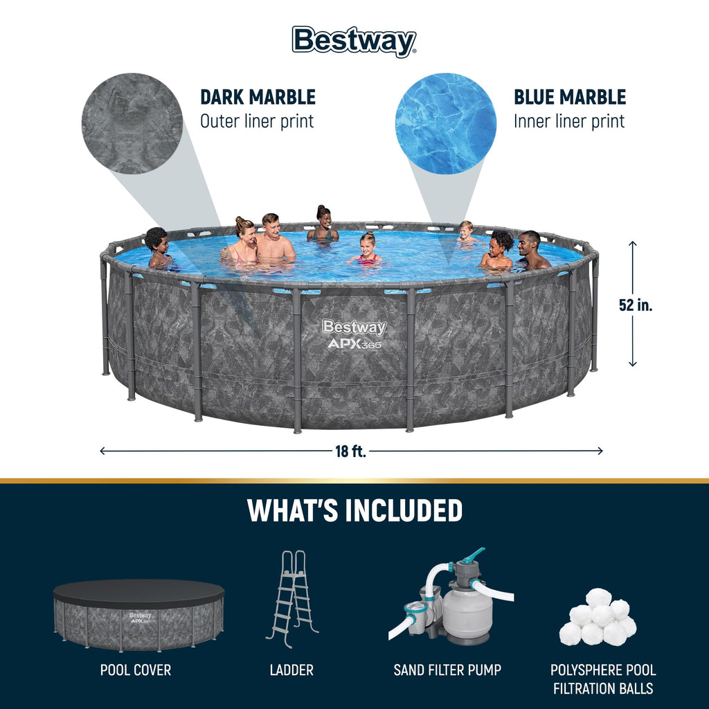 Bestway APX 365 18' x 52" Above Ground Pool, Round Metal Frame Outdoor Swimming Pool Set with Sand Filter Pump, Ladder, and Cover, Dark Marble