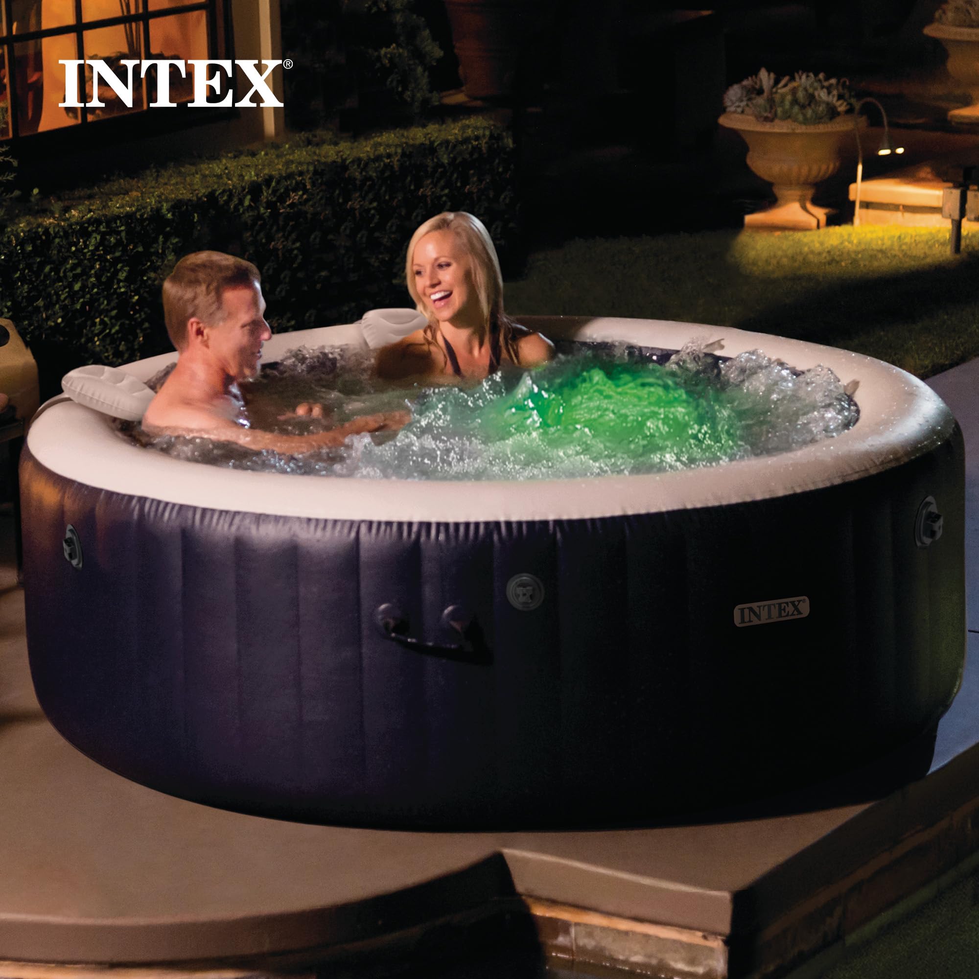 INTEX PureSpa Plus 6 Person Round Inflatable Hot Tub, Bubble Massage Spa Set with Energy Efficient Cover, 2 Headrests, & LED Light, 85 in x 28 in