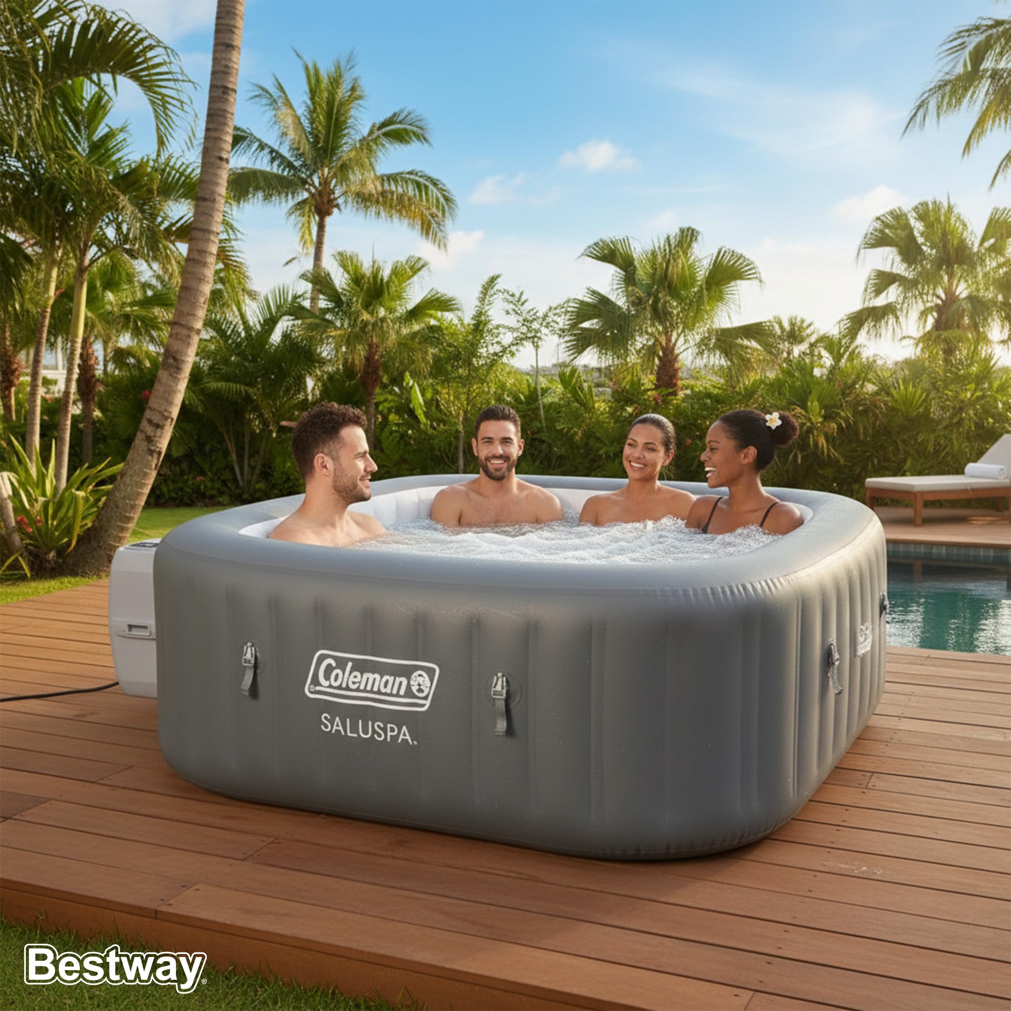 Coleman SaluSpa AirJet 4 to 6 Person Inflatable Hot Tub Square Portable Outdoor Spa with 140 Soothing AirJets and Insulated Cover, Gray