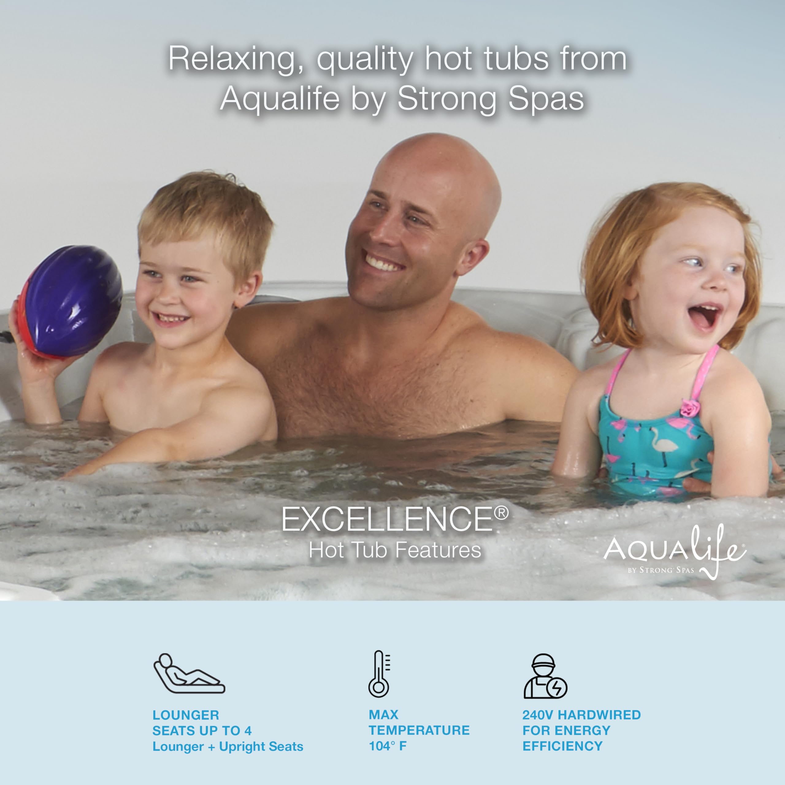 Excellence Outdoor Hot Tub, FIts 4 Adults, Indoor Outdoor Hot Tub, 41 Jets, Cover Included, Lounger Spa, Bluetooth Stereo, LED Water Fall, Wellness Tool, Aqualife by Strong Spas