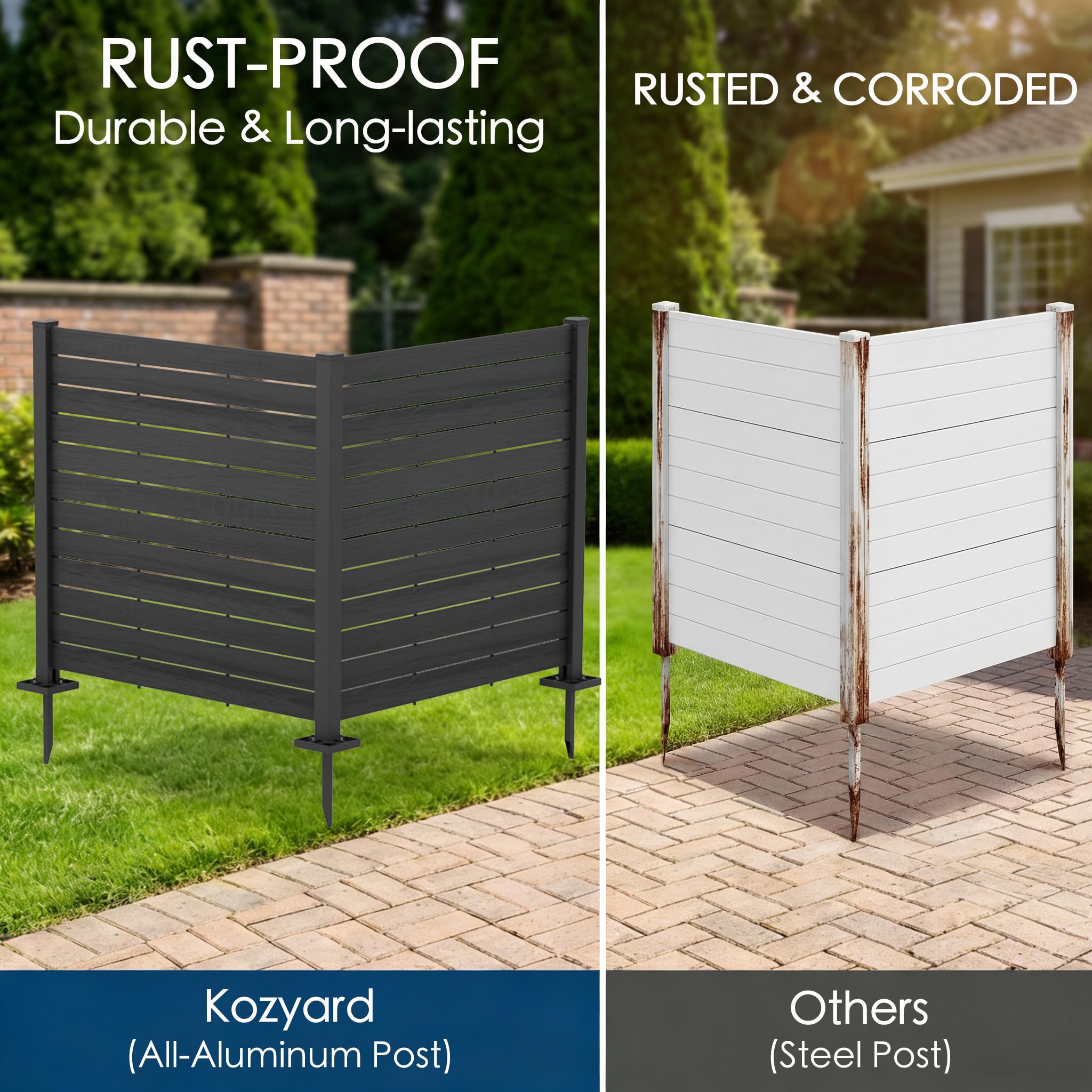 Kozyard 50" W x 48" H Outdoor Privacy Screens Aluminum Post, Air Conditioner Fence Panels, Pool Equipment Enclosure, Trash Can Screens Fence Kit for Outside Backyard Patio(Black/4Panels)