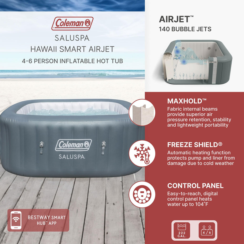 Coleman SaluSpa AirJet 4 to 6 Person Inflatable Hot Tub Square Portable Outdoor Spa with 140 Soothing AirJets and Insulated Cover, Gray