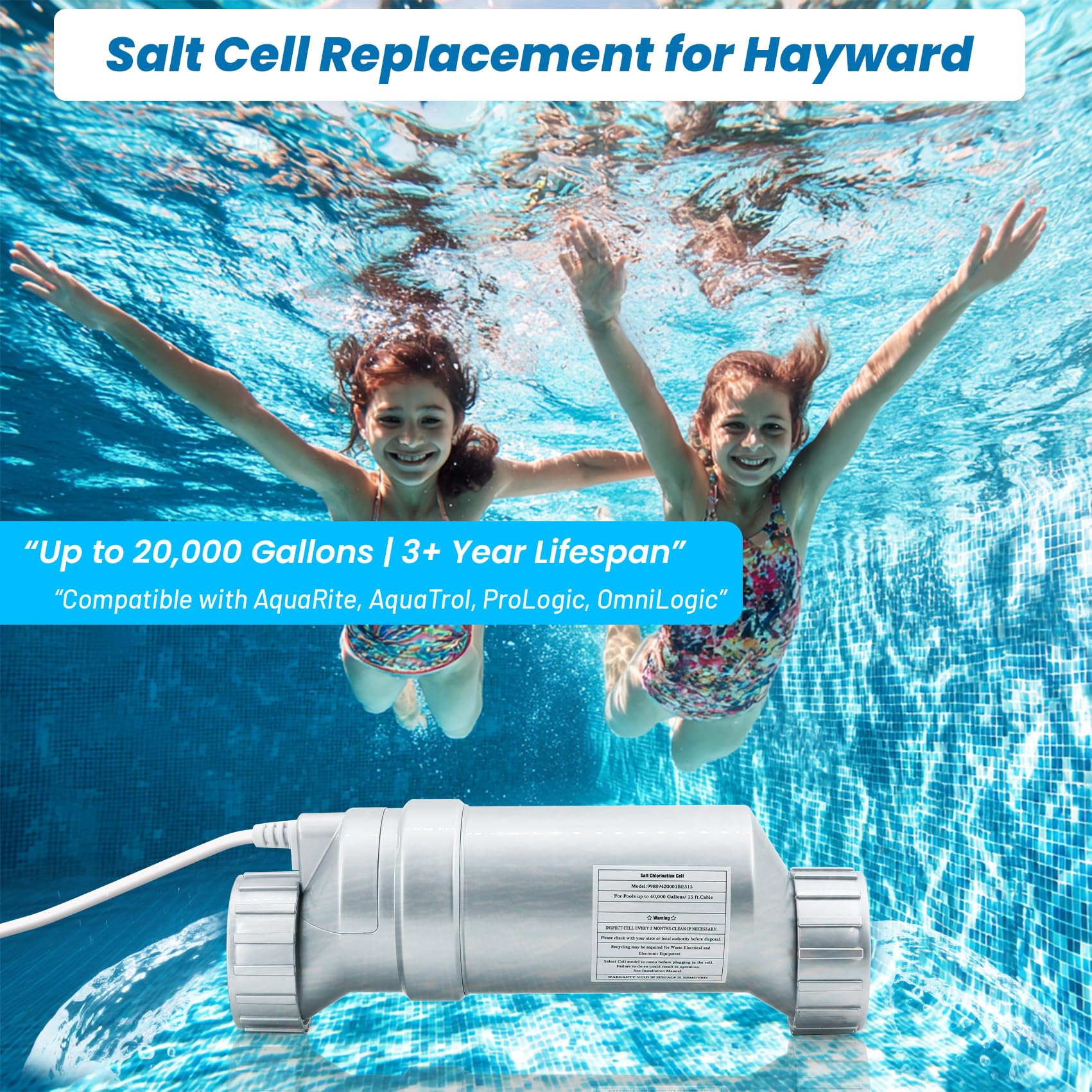 Salt Cell Replacement for Hayward T-Cell-15 – 3+ Year Titanium Core, Cuts Chlorine Costs Up to 56%, Compatible with AquaRite/AquaTrol/ProLogic/AQ-Logic Firmware 1.50+, 40,000 Gallon Pools