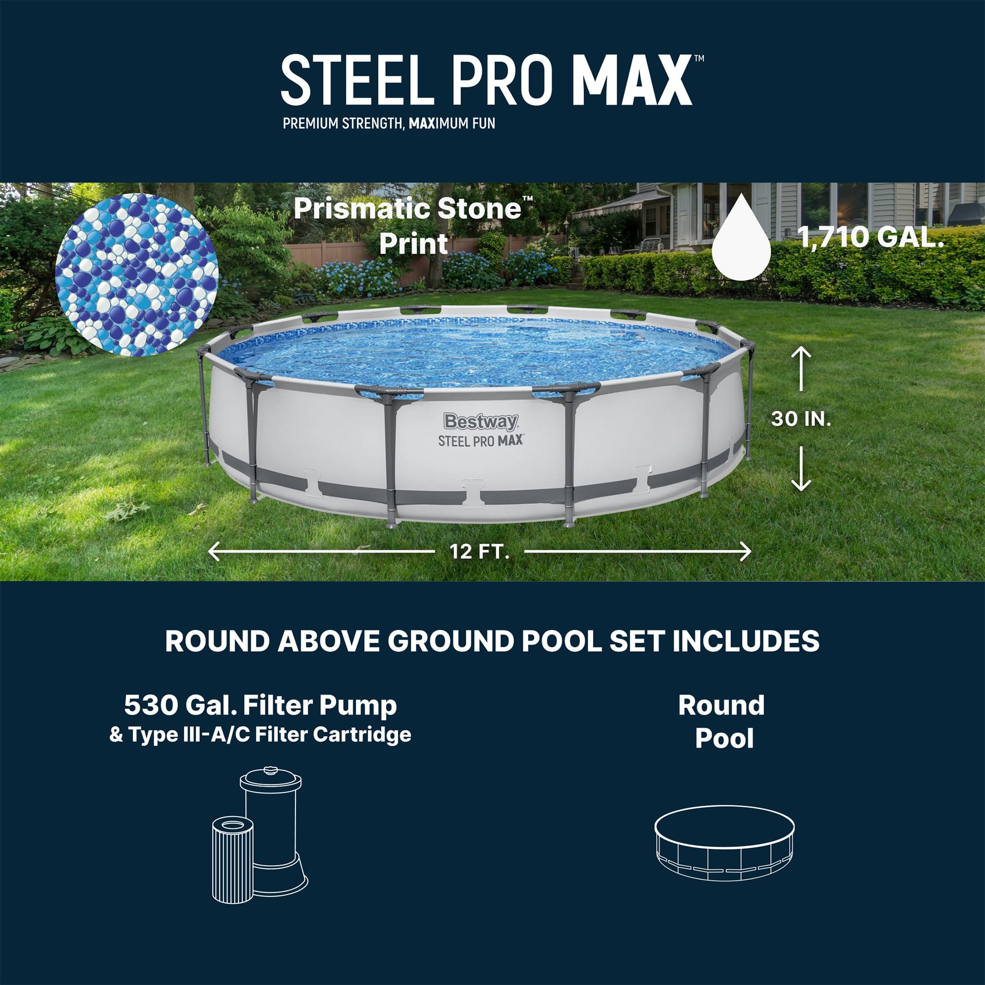 Bestway Steel Pro MAX 14' x 33" Round Above Ground Swimming Pool Set, 530 GPH Filter Pump, Tritech Puncture Resistant Liner, ClickConnect Steel Frame, Gray