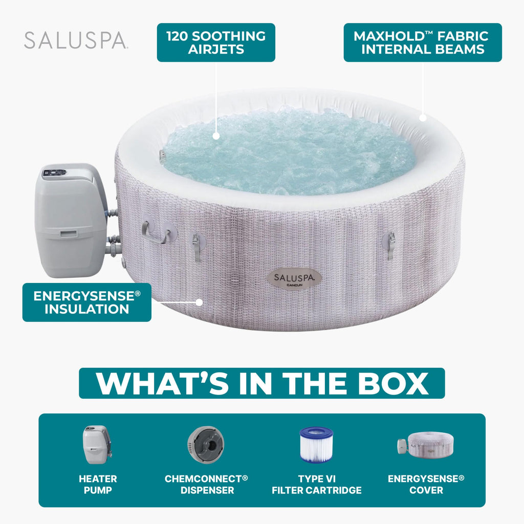 Bestway SaluSpa Cancun 2 to 4 Person Inflatable Hot Tub, Round Energy-Efficient Portable Outdoor Spa with 120 AirJets, 71" x 26"