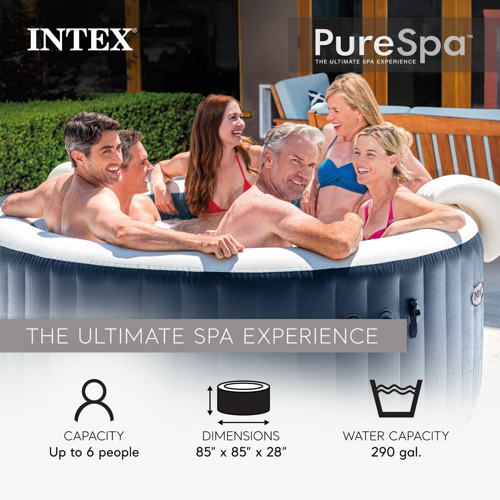 INTEX PureSpa Plus 6 Person Round Inflatable Hot Tub, Bubble Massage Spa Set with Energy Efficient Cover, 2 Headrests, & LED Light, 85 in x 28 in