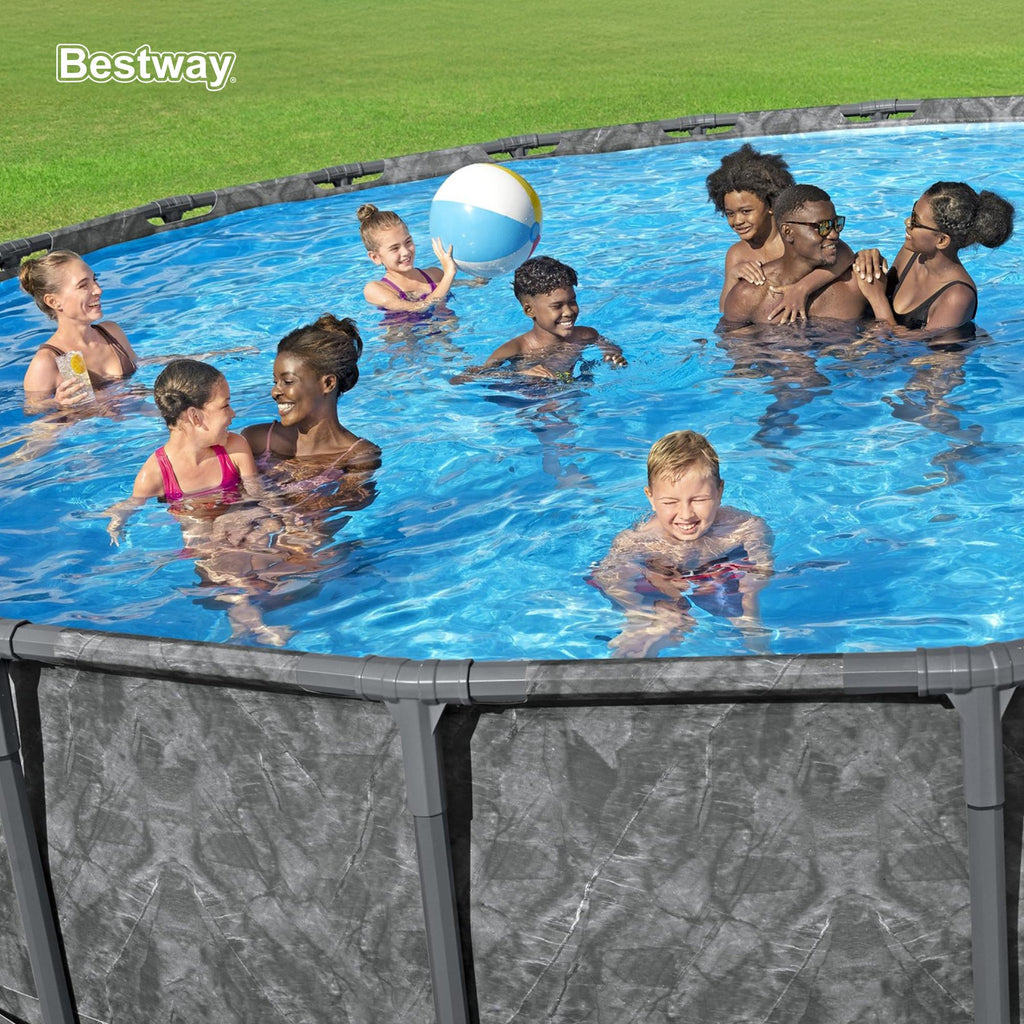 Bestway APX 365 18' x 52" Above Ground Pool, Round Metal Frame Outdoor Swimming Pool Set with Sand Filter Pump, Ladder, and Cover, Dark Marble