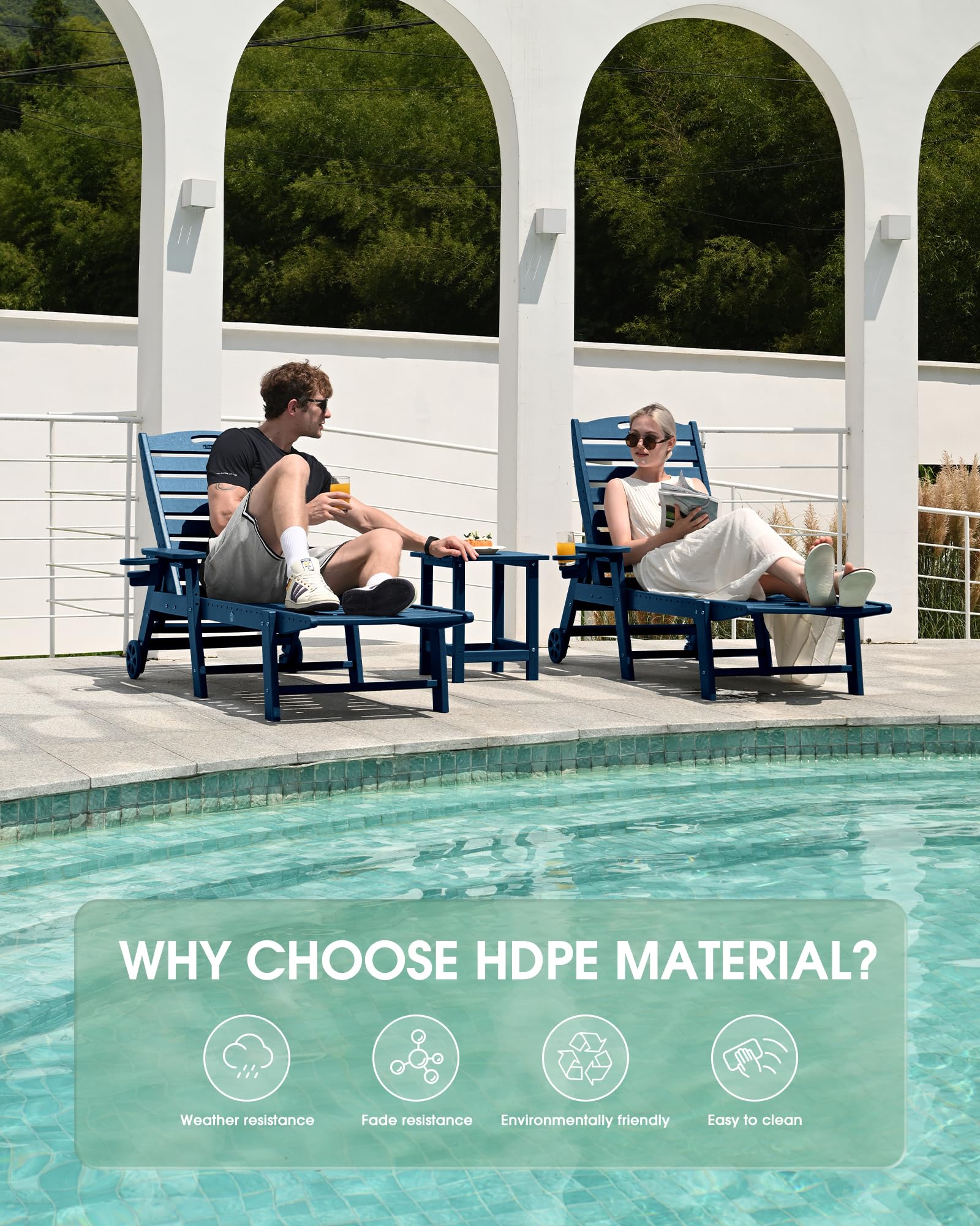 Lounge Chair Outdoor Set of 2, HDPE Chaise Lounge Outdoor, Pool Lounge Chair for Pool Poolside Deck Backyard Patio, Teak