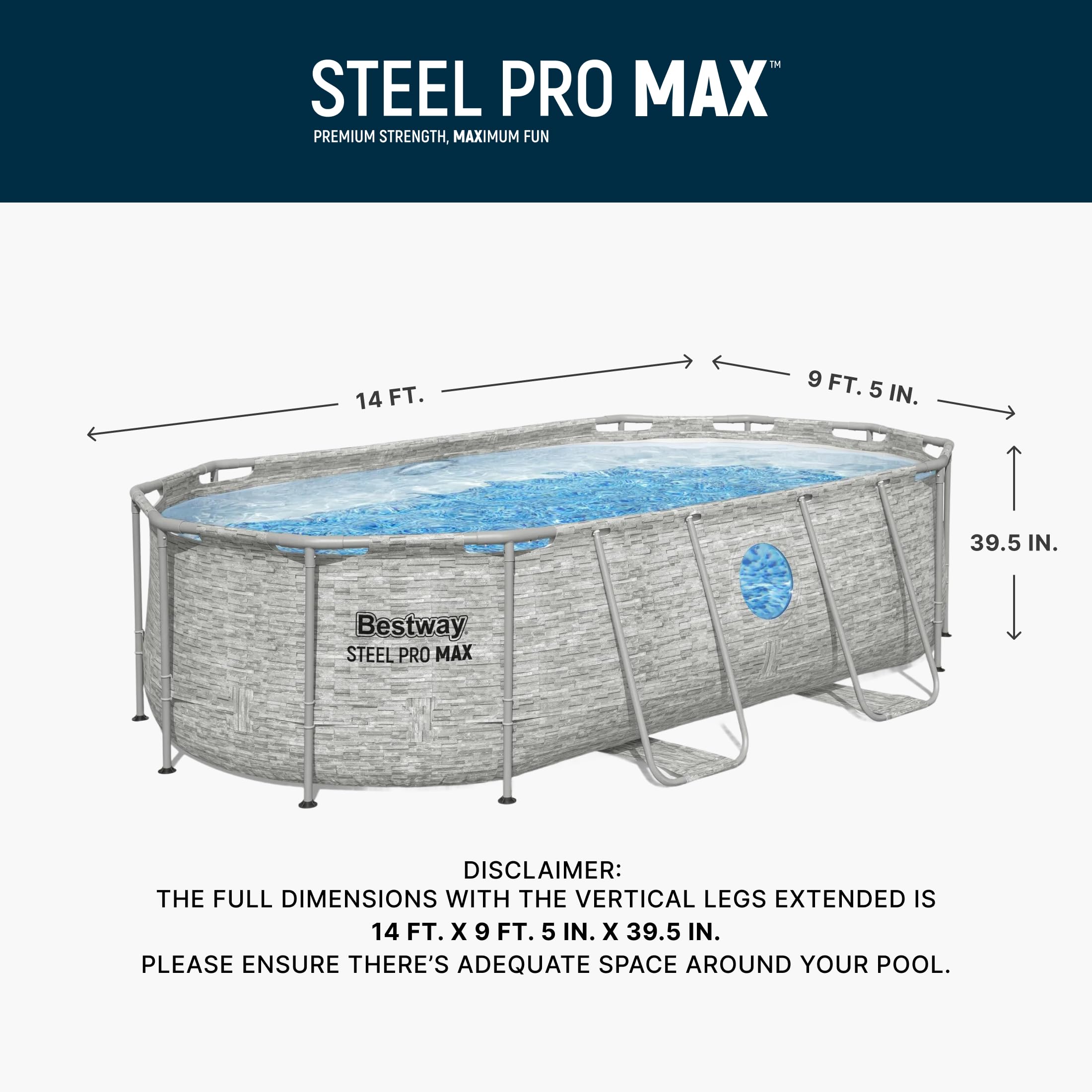 Bestway Steel Pro MAX 14' x 8'2" x 39.5" Oval Above Ground Swimming Pool Set, 530 GPH Filter Pump, Ladder, Tritech Puncture Resistant Liner, ClickConnect Steel Frame, Gray