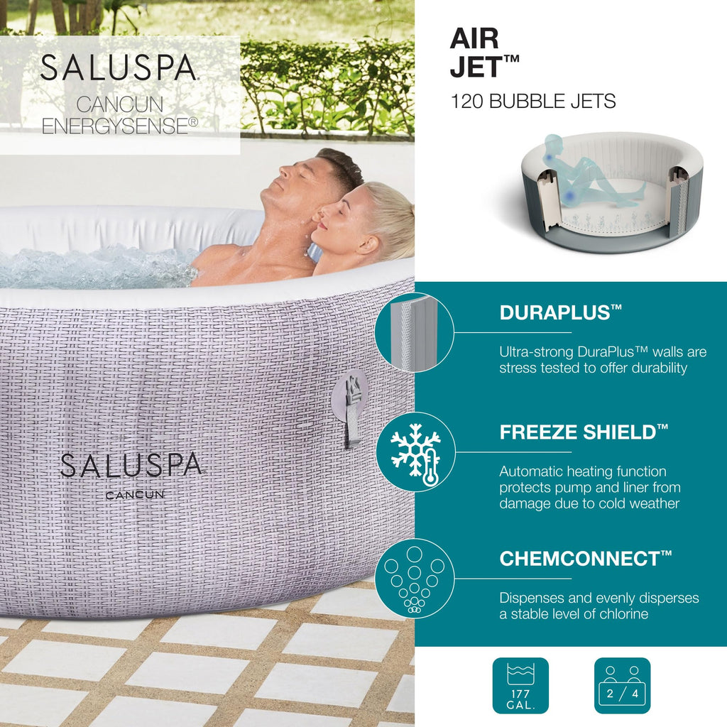 Bestway SaluSpa Cancun 2 to 4 Person Inflatable Hot Tub, Round Energy-Efficient Portable Outdoor Spa with 120 AirJets, 71" x 26"