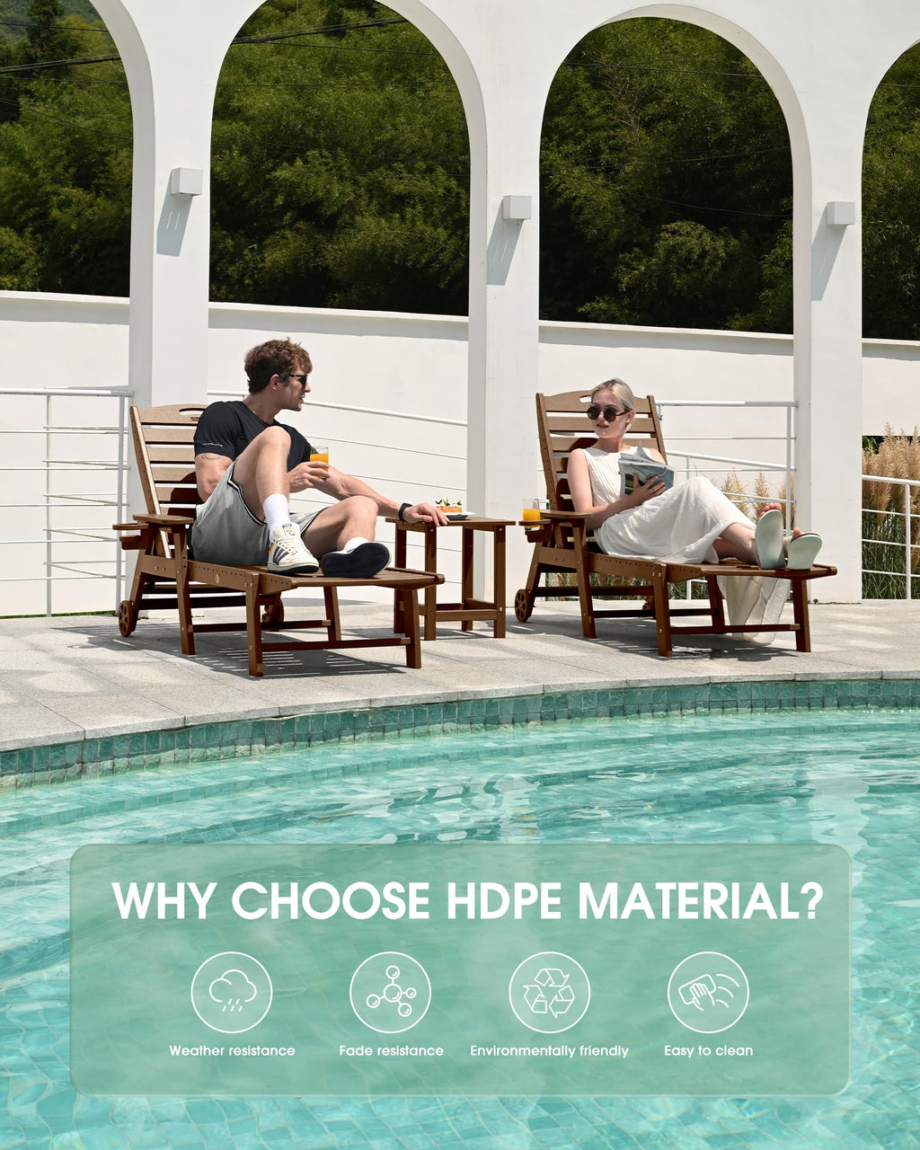 Lounge Chair Outdoor Set of 2, HDPE Chaise Lounge Outdoor, Pool Lounge Chair for Pool Poolside Deck Backyard Patio, Teak