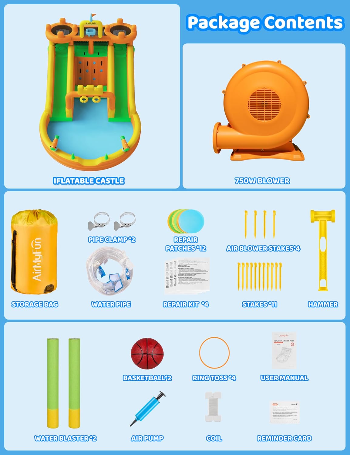 AirMyFun Inflatable Water Slide, 10 in 1 Multifunctional Water Park for Kids Backyard with Double Slides, Climbing Wall,2 Basketball Hoop,Dual Water Cannons, Inflatable Water Bounce House with Blower