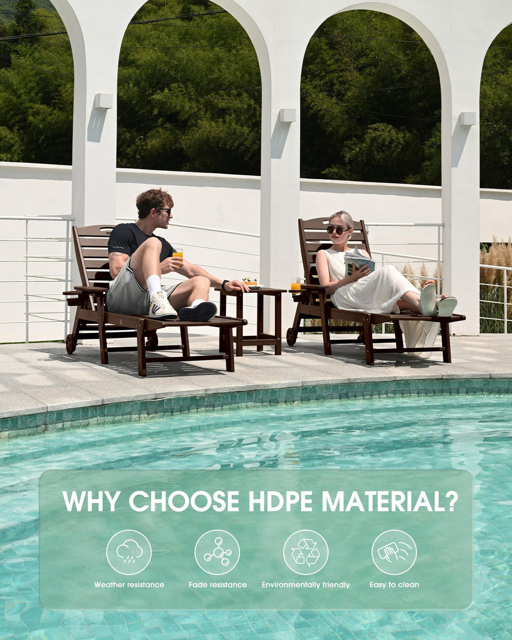 Lounge Chair Outdoor Set of 2, HDPE Chaise Lounge Outdoor, Pool Lounge Chair for Pool Poolside Deck Backyard Patio, Teak
