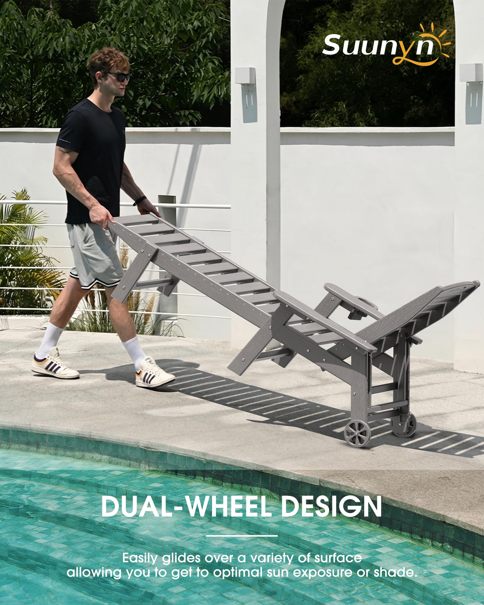 Lounge Chair Outdoor Set of 2, HDPE Chaise Lounge Outdoor, Pool Lounge Chair for Pool Poolside Deck Backyard Patio, Teak