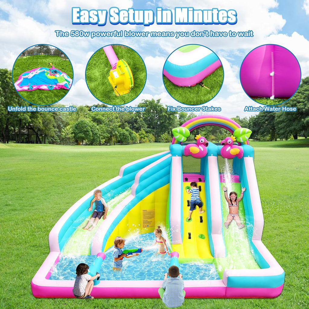 Inflatable Water Slide, 6 in 1 Blow Up Water Park Aged 3-10, Flamingo Style Water Bounce House with Double Long Slides, Splash Pool, 580W Blower Waterslide for Kids and Adults Backyard