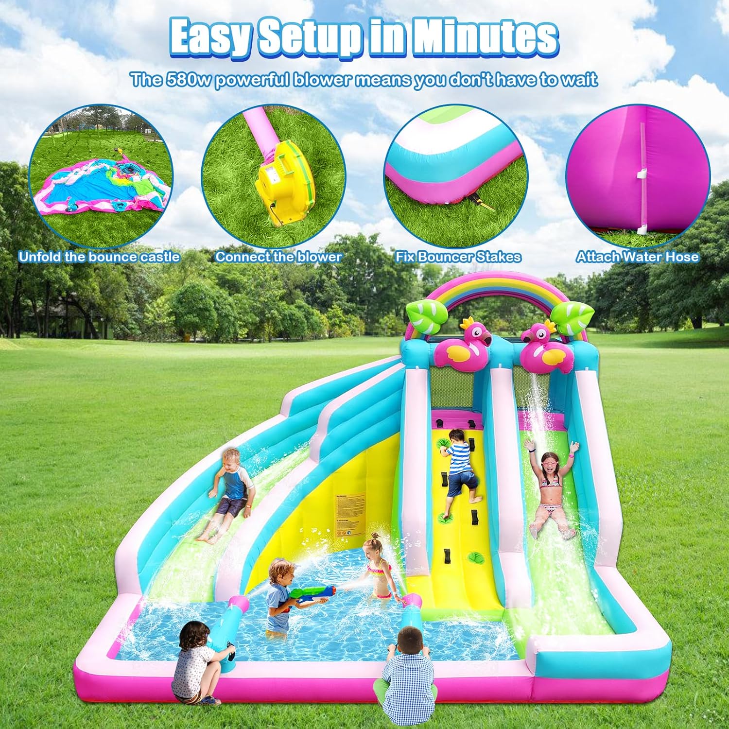 Inflatable Water Slide, 6 in 1 Blow Up Water Park Aged 3-10, Flamingo Style Water Bounce House with Double Long Slides, Splash Pool, 580W Blower Waterslide for Kids and Adults Backyard