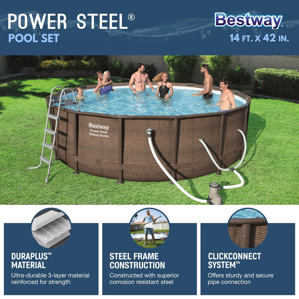 Bestway Power Steel 14’ x 42” Round Above Ground Outdoor Backyard Swimming Pool Set with 1,000 GPH Filter Pump, Ladder, and Pool Cover