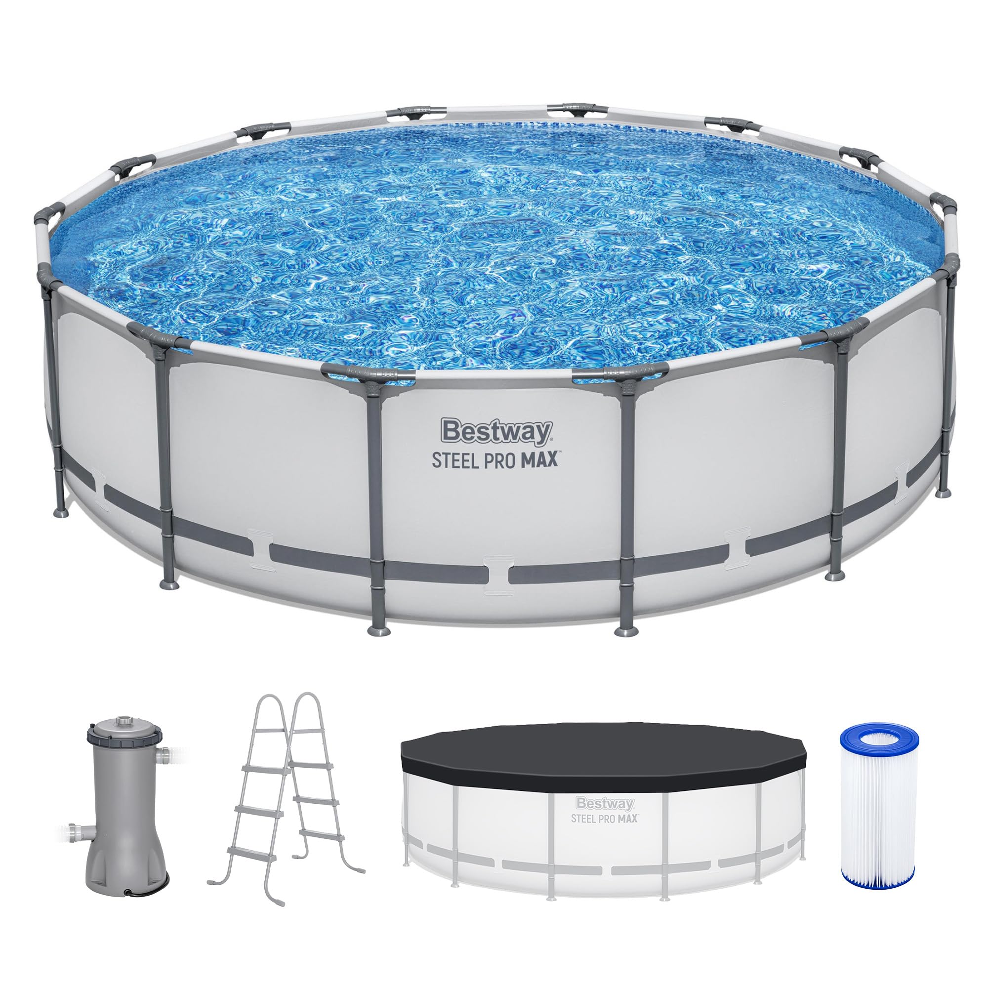 Bestway Steel Pro MAX 14' x 48" Above Ground Pool, Round Metal Frame Outdoor Swimming Pool Set with Filter Pump, Ladder, and Cover, Gray